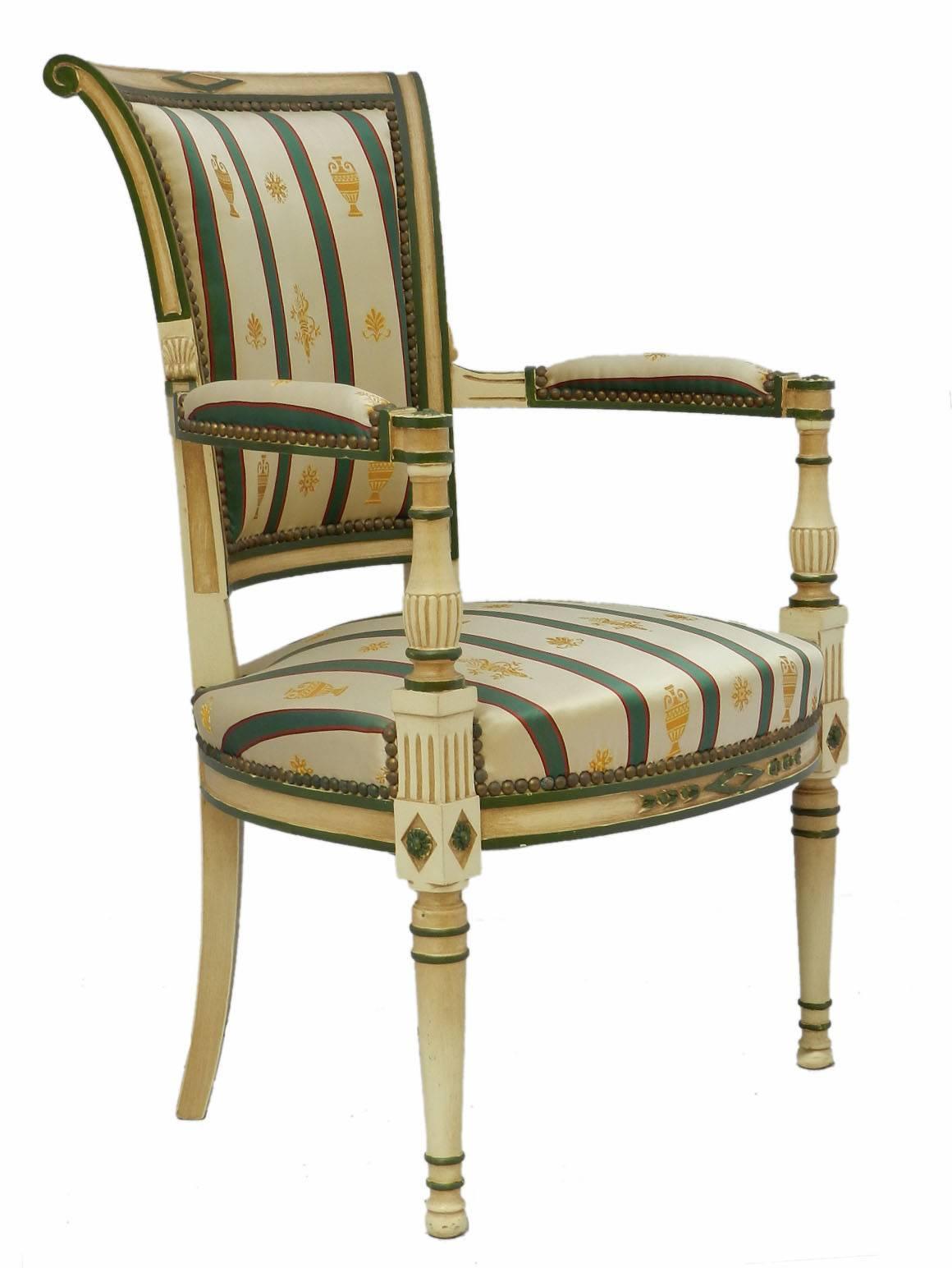 Painted French Open Armchair Upholstered Vintage Directoire Empire Revival Mid 20th Cent
