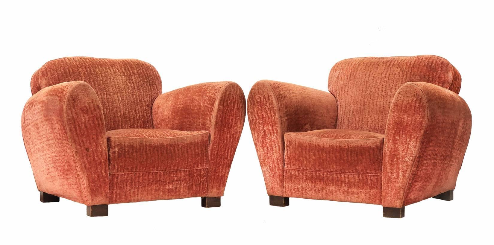 Pair of art deco club chairs French original armchairs
Very good original condition 
Upholstery sound covers easily changed to suit your interior, if you would like an estimate to do this before shipping please ask.
 