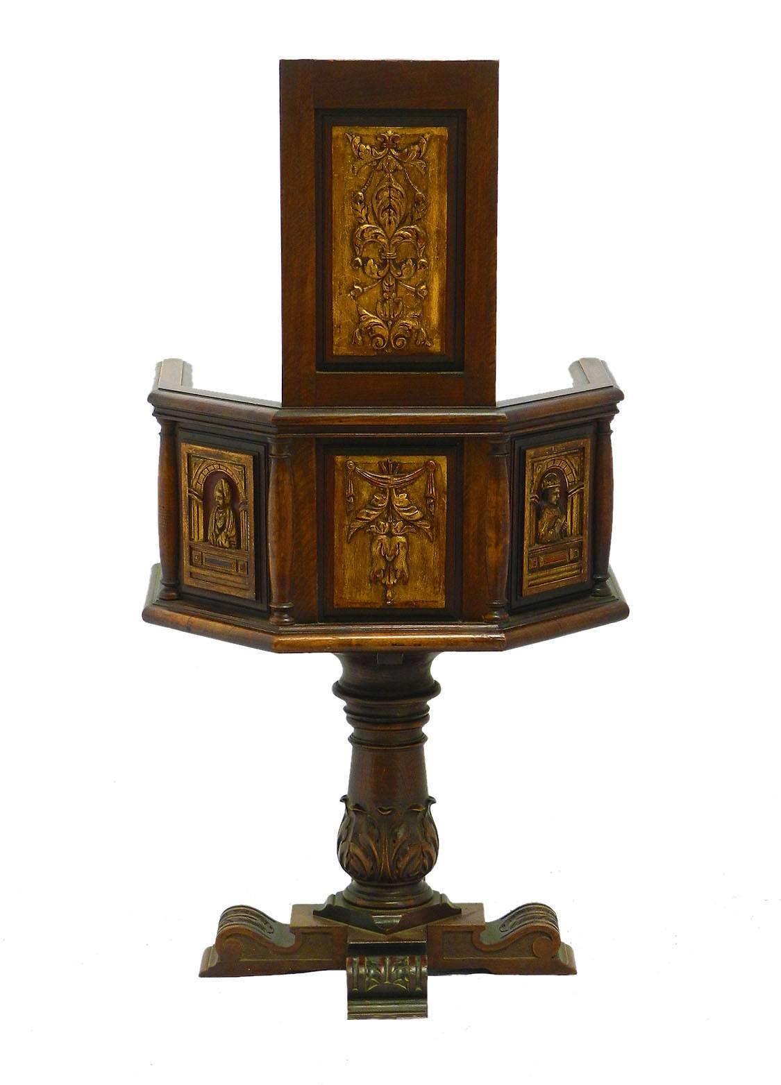 Arts and crafts French Caquetoire armchair Gothic revival.
Unusual revolving desk chair.
Carved oak with polychrome gilding.
Highly decorative ecclesiastic church chair.
Superb accent or side chair.
A rare find from the private chapel of a small