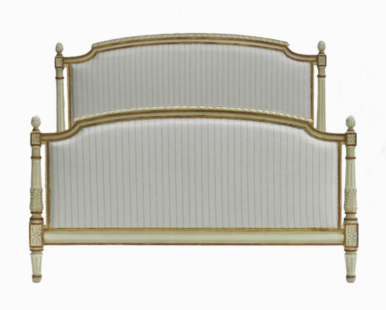 French bed and base early 20th century Louis XVI with original paint, circa 1910
US Queen  UK King size
Newly upholstered in cotton linen with piping
An ideal bed for a modern interior as well as a traditional one having a low line head and foot