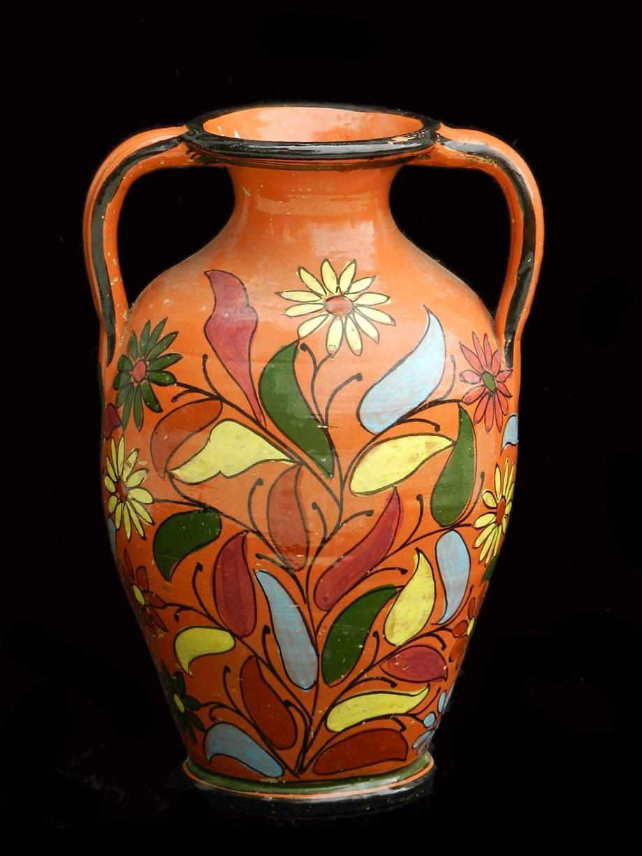 Mid-Century Modern Mid-Century Terracotta Pot 1960s French Floral Hand-Painted Glazed Garden Vase