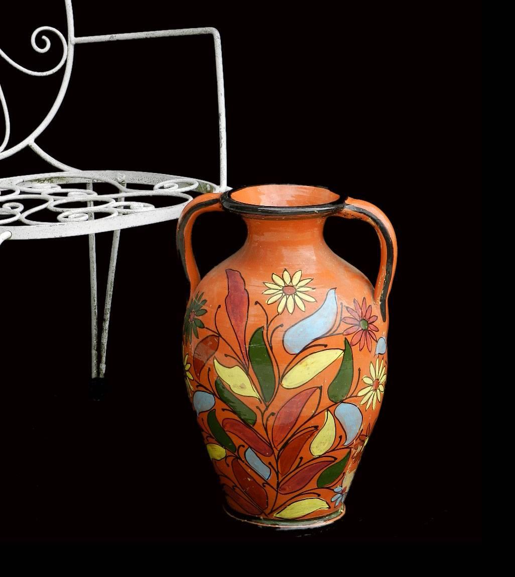 Mid-Century Terracotta Pot 1960s French Floral Hand-Painted Glazed Garden Vase In Good Condition In Mimizan, FR