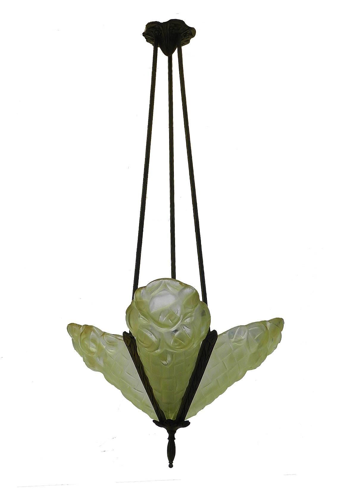 Art Deco Chandelier Signed by Degue French Glass Pendant Light, circa 1930 2