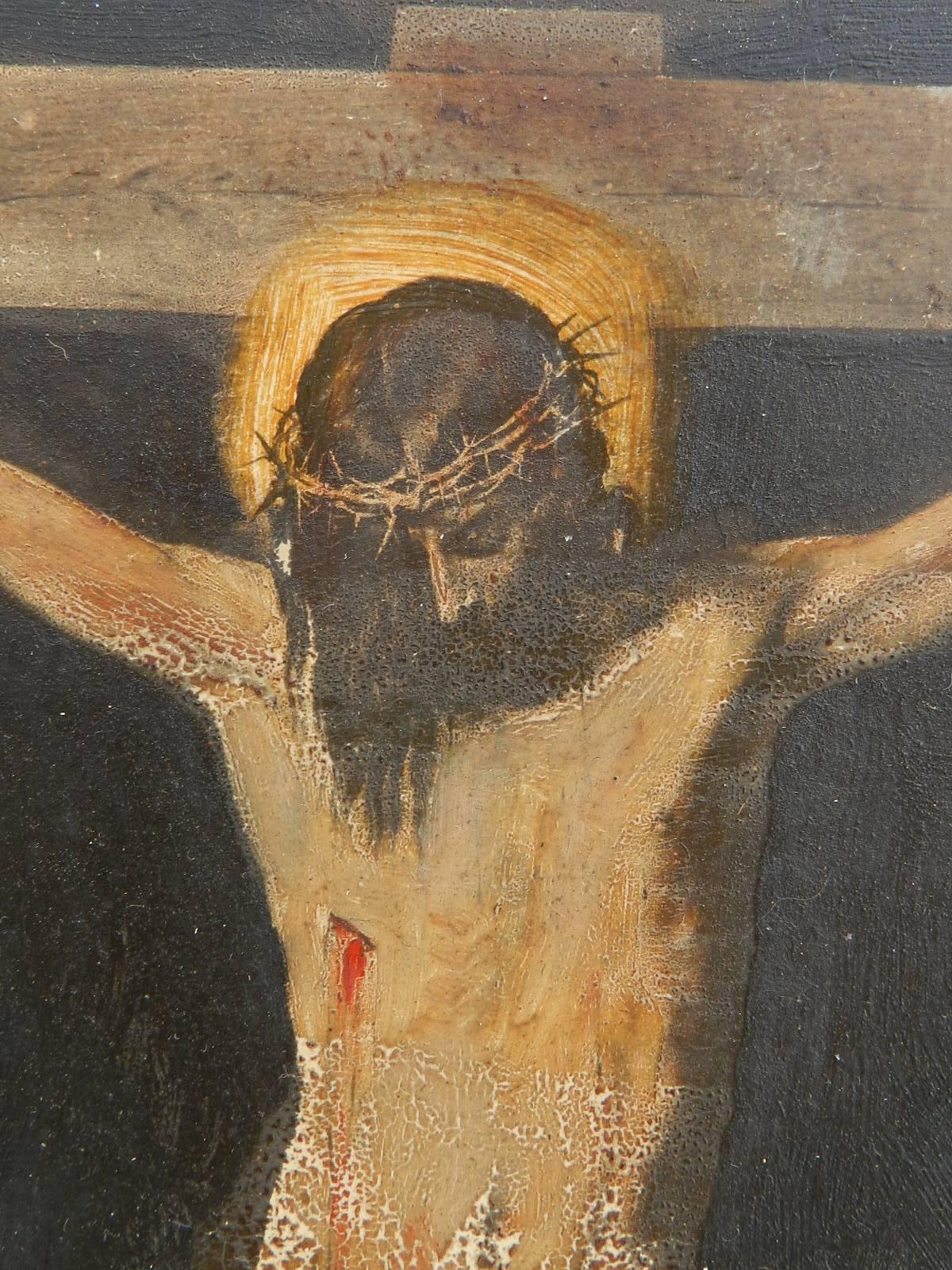 Belle Époque French Painting of Crucifixion Oil on Board Jesus on the Cross, circa 1890-1900
