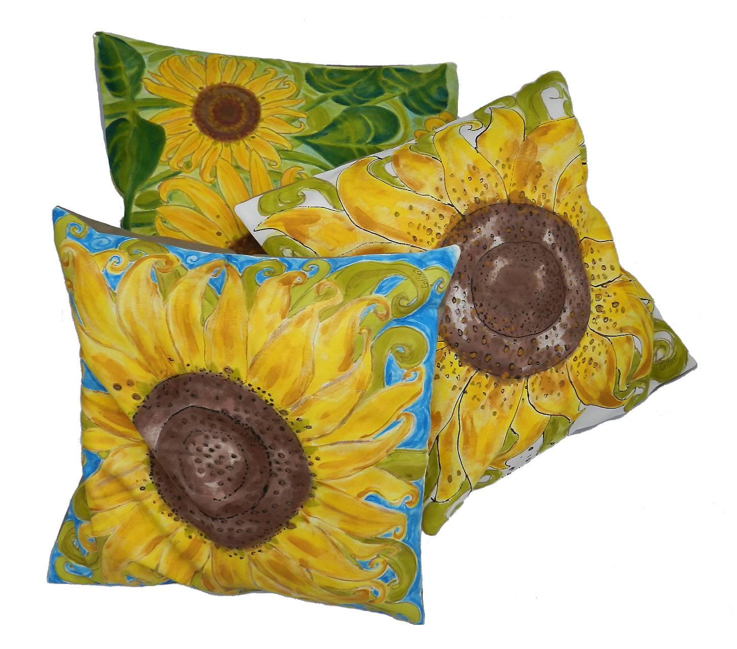 One of a kind throw pillow hand-painted sunflower unique cushion signed by the artist
Joan Collier uses an illustrative quality based on observation, memory and imagination, her work has a distinct style which is rich and colorful with a strong
