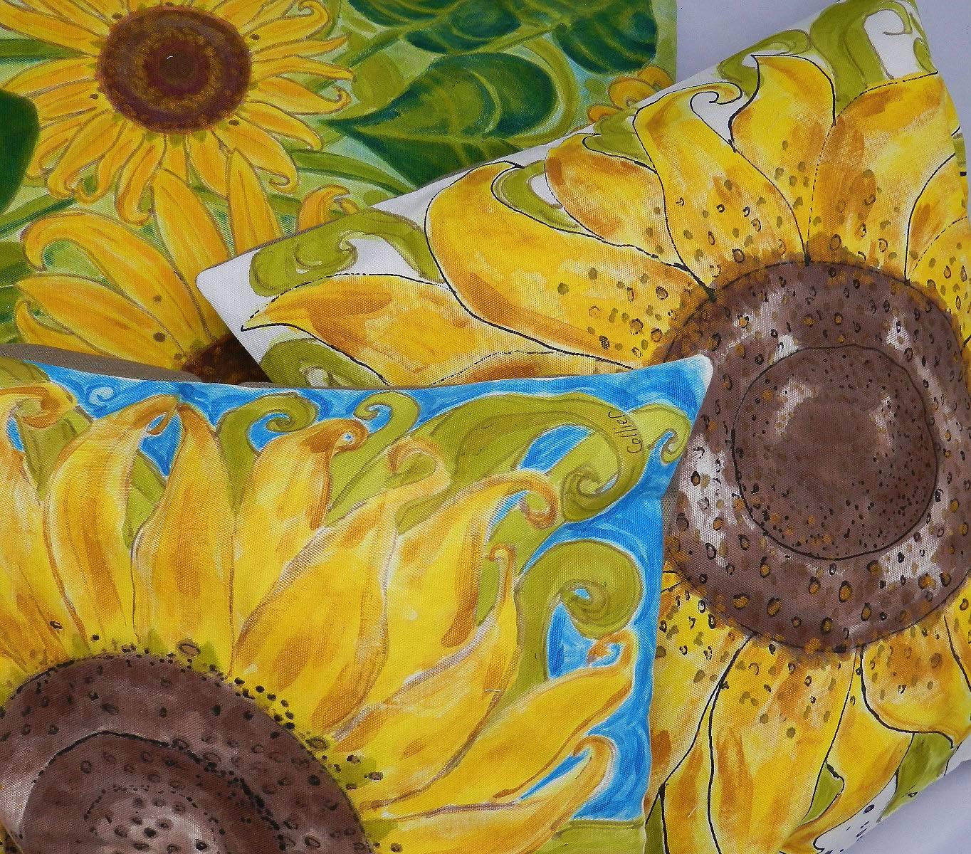 Contemporary One of a Kind Pillow Hand-Painted Sunflower Unique Throw Cushion Artist Signed