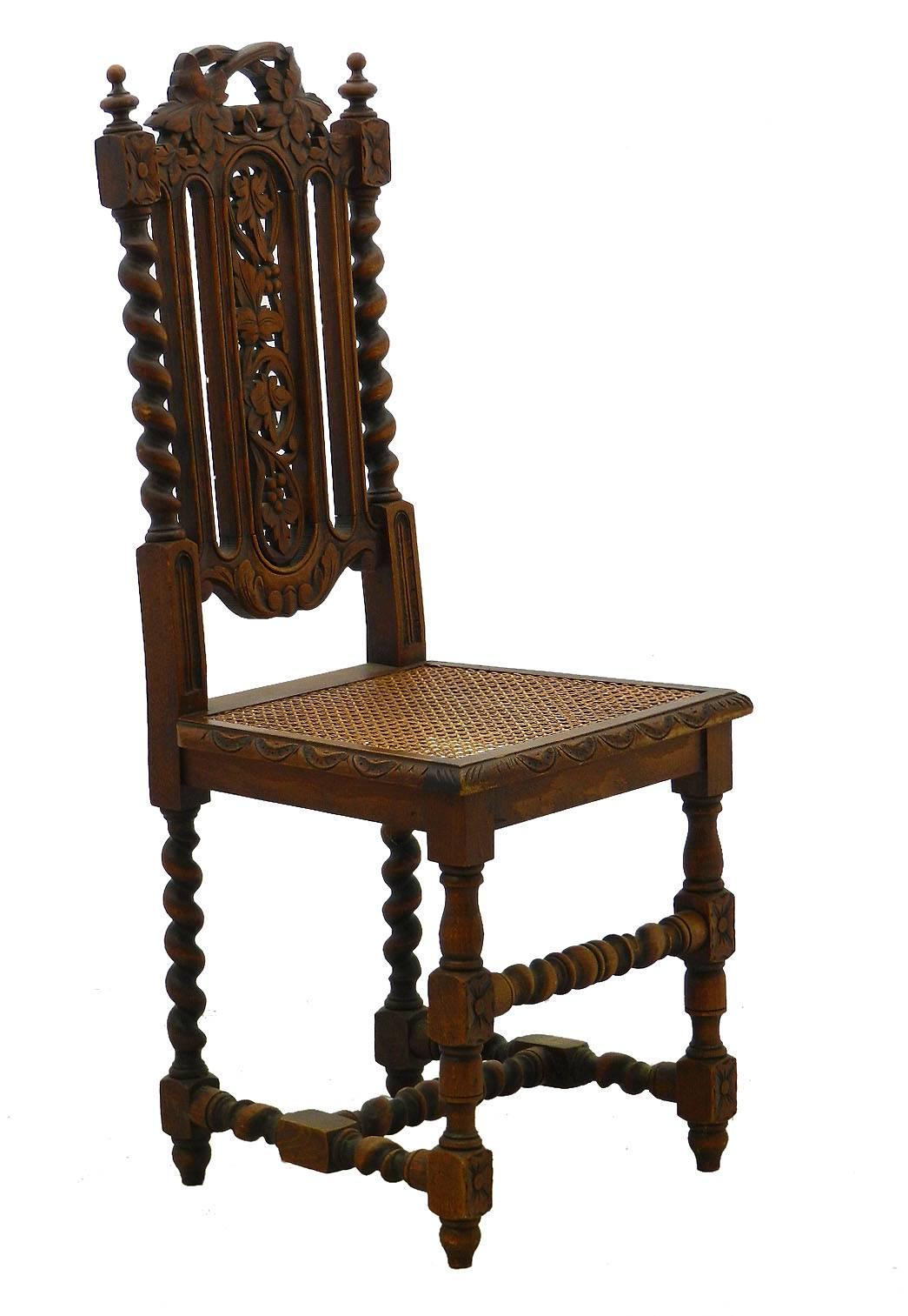 Six Dining Chairs French 19th Century Louis XIII Carved Oak Carolean Caned Seats In Good Condition In Mimizan, FR