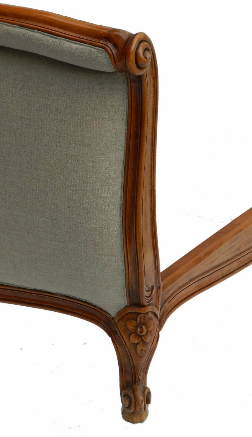 Louis XVI French Bed Scroll End Upholstered Natural Linen 20th Century Louis Rev Cherry