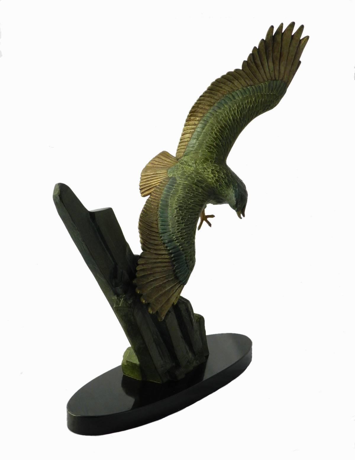 French Art Deco Eagle in Flight by Rulas Signed Sculpture on Marble Base Animalia