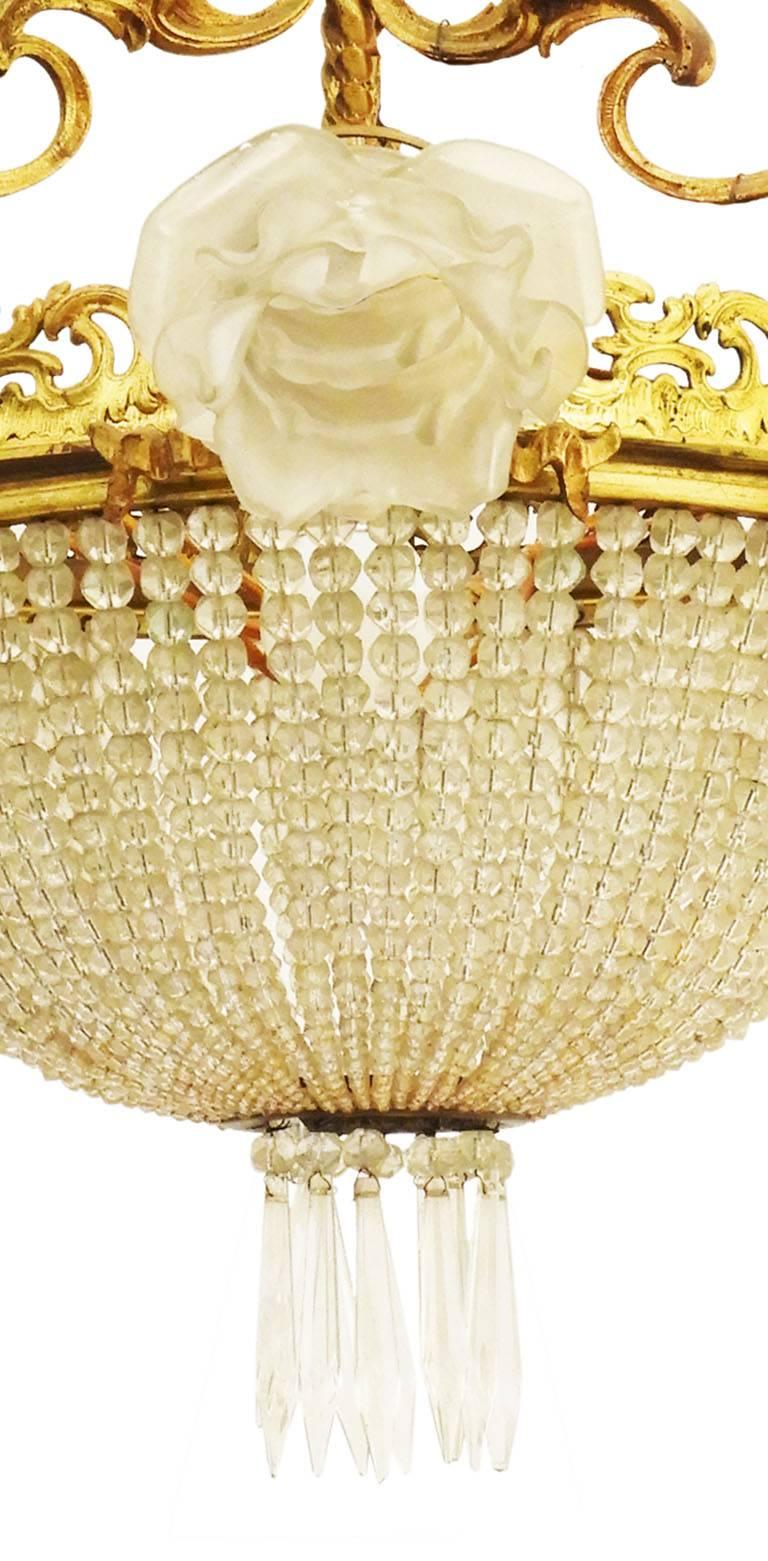 Beaded Belle Epoque Chandelier French Crystal Gilt Bronze Rose Shades Late 19th Century