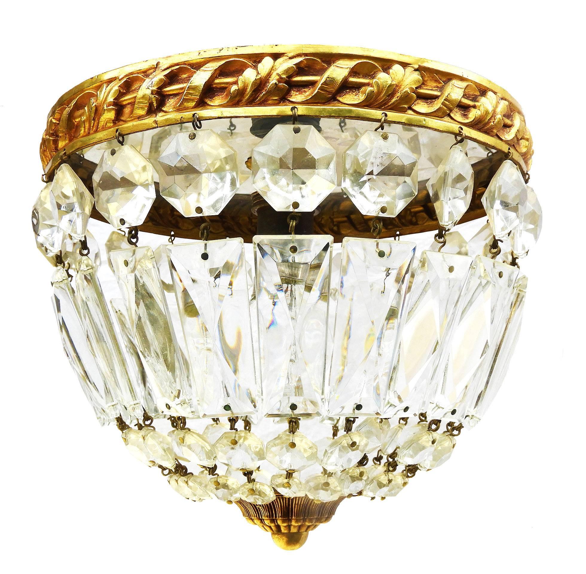 French Crystal Flush Mount Ceiling Light or Pendant, Early 20th Century Louis  In Good Condition In Mimizan, FR
