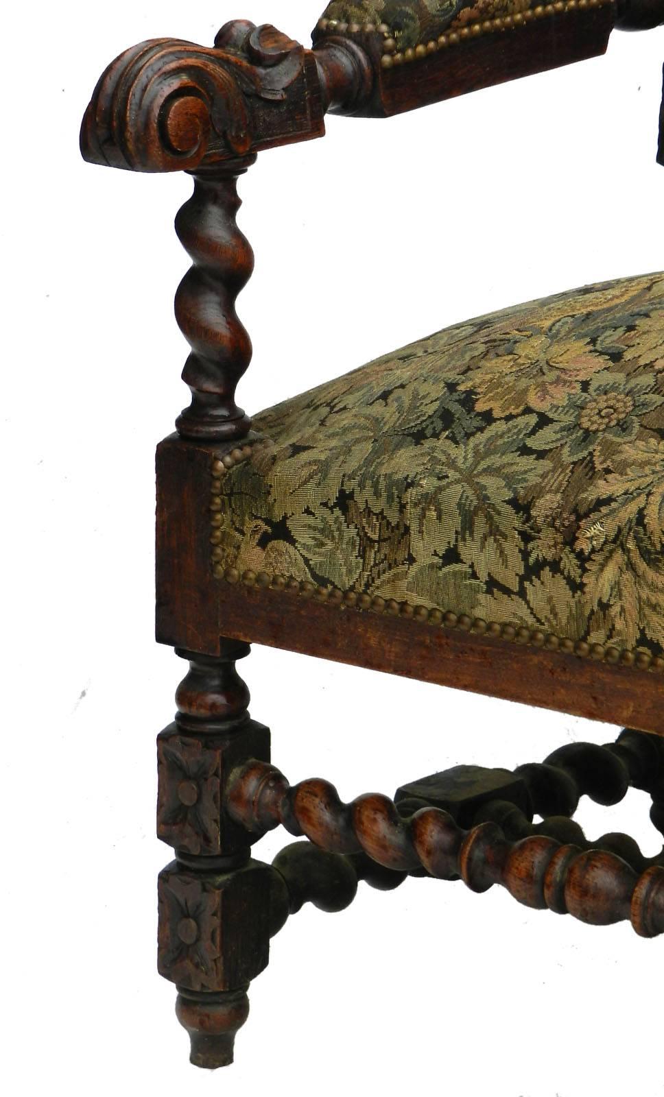 Carved French Sofa 19th Century Louis XIII, Country House Canape Oak Medallion Back