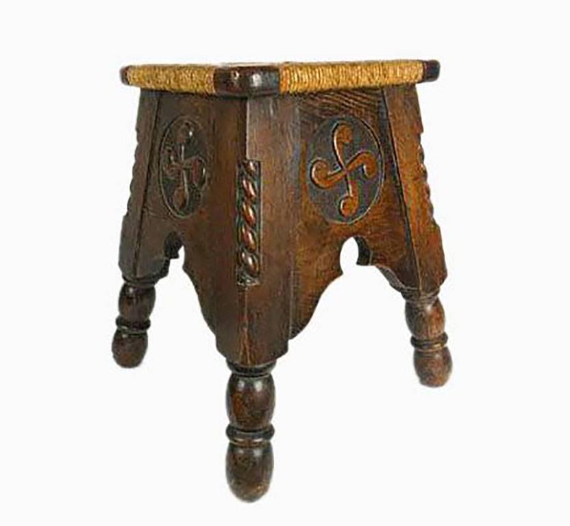 20th Century Six French Stools French Country House Oak Rush, circa 1910, Arts and Crafts