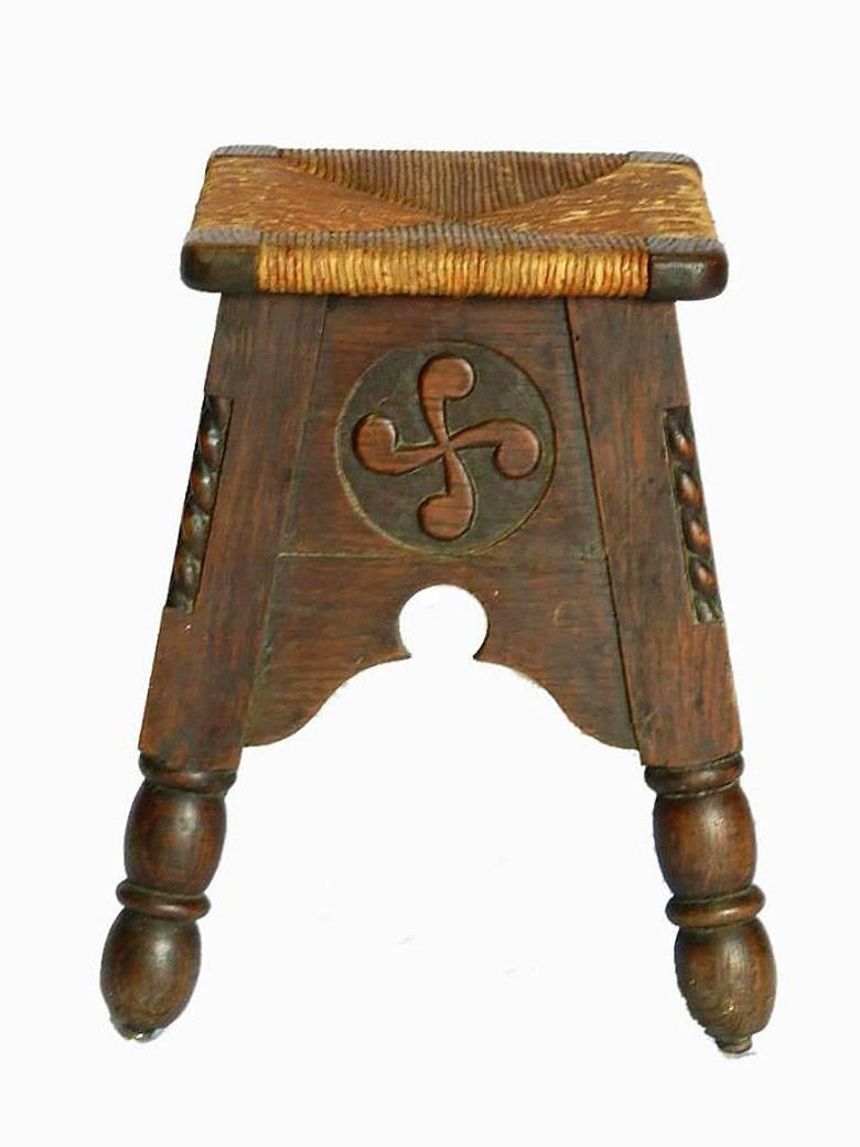 6 French Stools French Country House Oak Rush Seats c1910 
Selling individually
Very rare find and utterly charming !
Arts and Crafts Basque Modernist French Folk Art
These stools have square rush seated tops measuring 29 x 29cms
Each with the