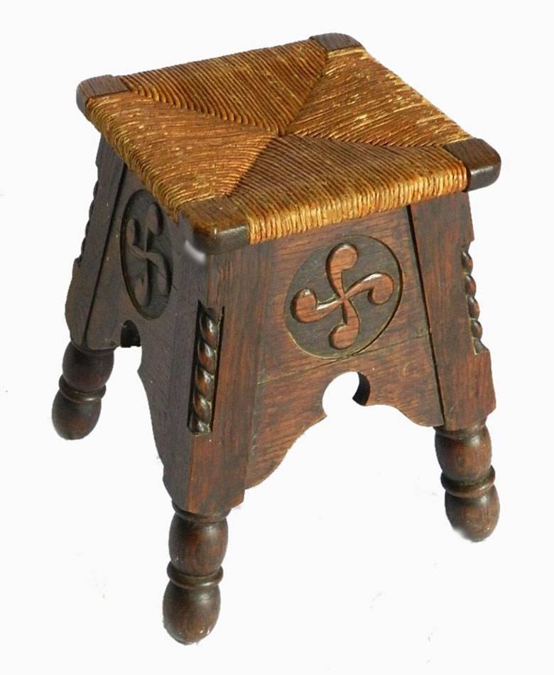 Six French Stools French Country House Oak Rush, circa 1910, Arts and Crafts In Good Condition In Mimizan, FR