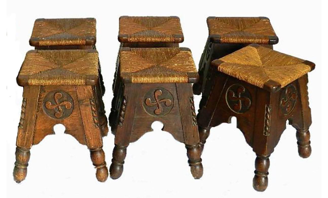 Carved Six French Stools French Country House Oak Rush, circa 1910, Arts and Crafts
