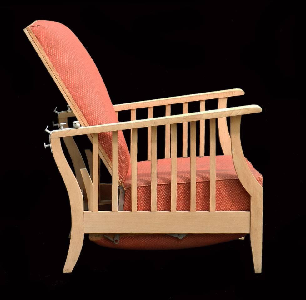 Arts and Crafts Morris Chair Folding Art Deco Reclining Armchair Mission to recover
Brut Bleached Wood 
Upholstered 
Top covers are to change to suit your interior
Please get in touch if you need a quote from an upholsterer to recover this before