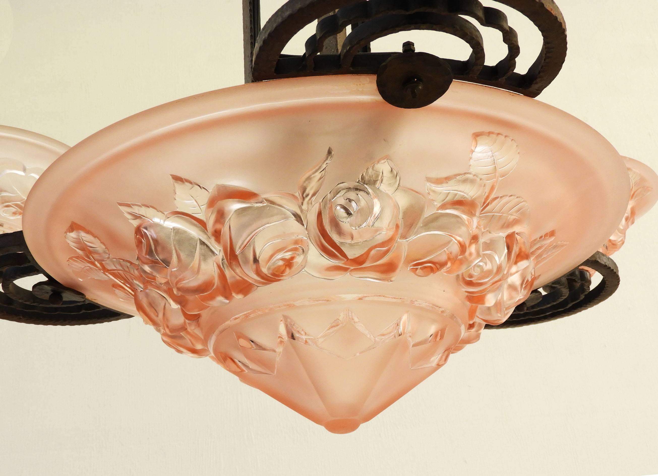 Art Deco Chandelier Edgar Brandt Inspired Wrought Iron French Rose Glass (Art déco)