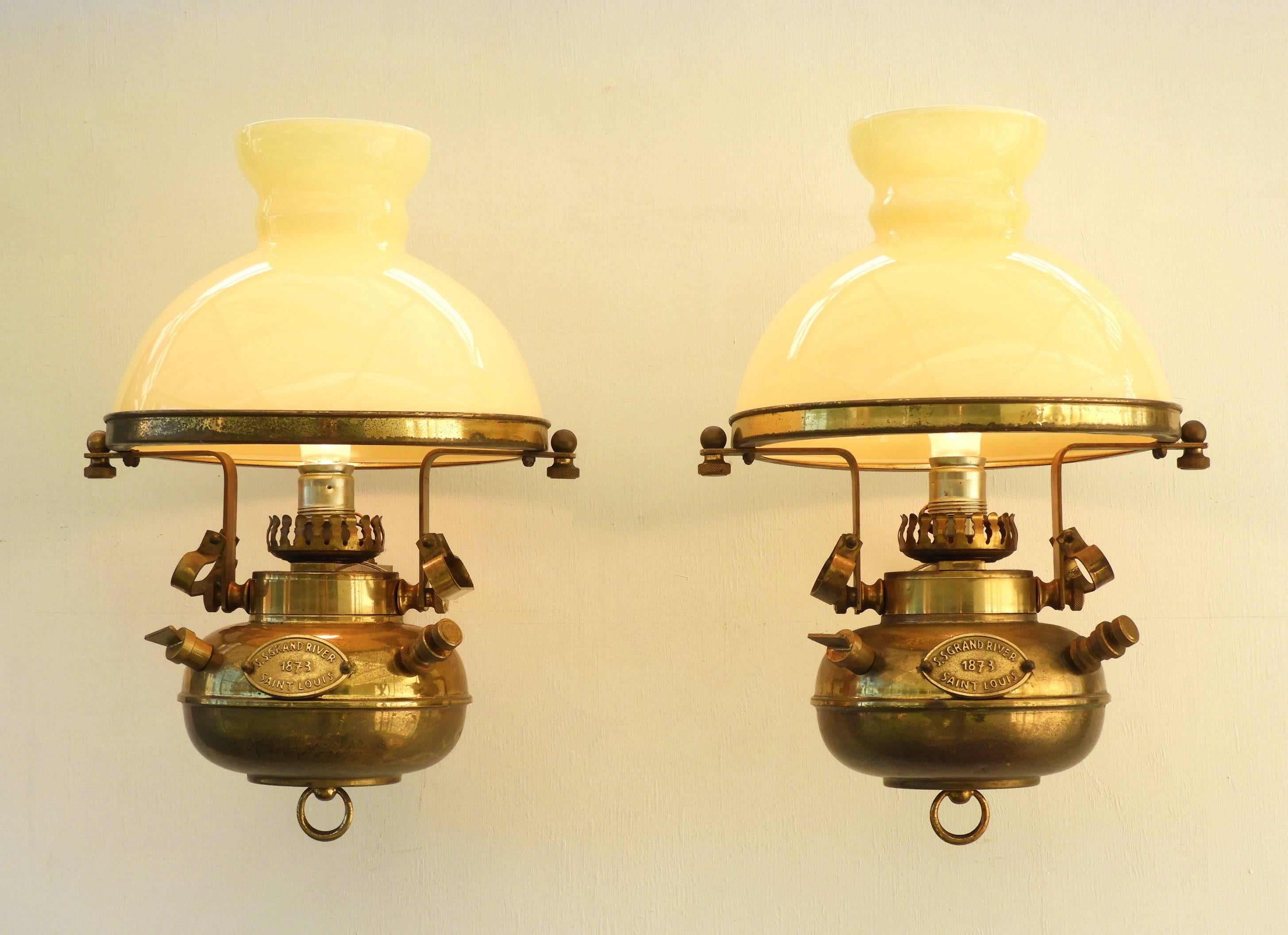 Brass Wall Lights Sconces 20th century Marine Nautical theme 2 available
No losses to glass
Ship interiors inspired Electrified Oil Lamps with tribute plaque SS Grand River Saint Louis 1873
Aged Brass
These will be re-wired and tested to USA or UK