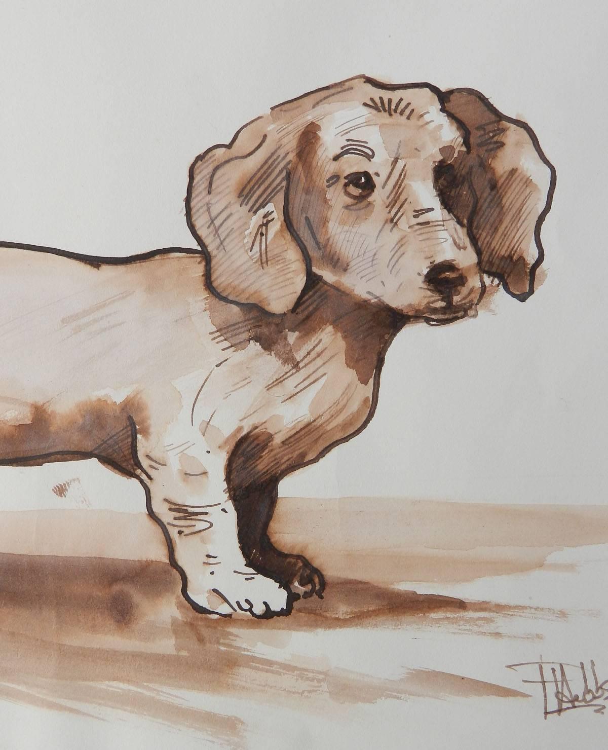British Original Dog Painting Daschund by Peter Hobbs, 1930-1994 Sepia tone Watercolor