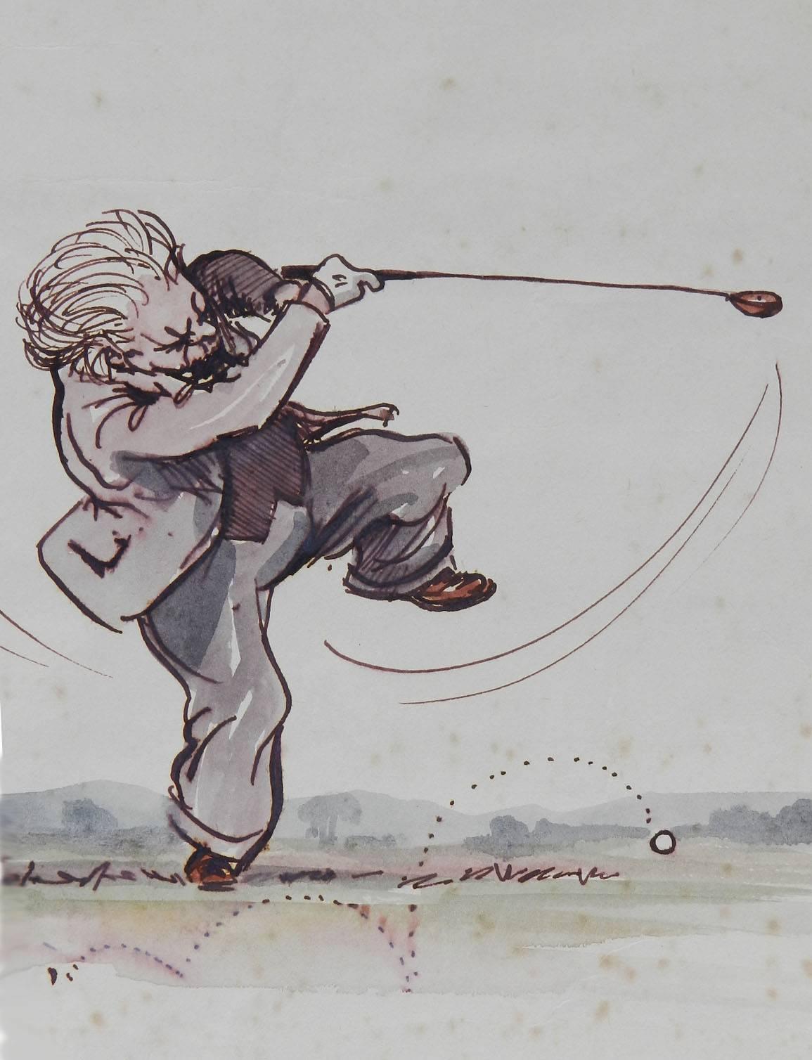 British Original Painting Caricature of a Golfer by Peter Hobbs Golf Elderly Gentleman