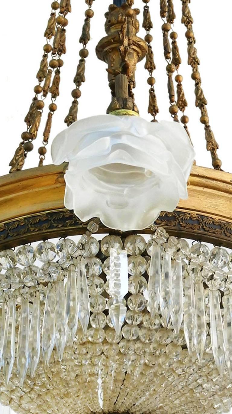 Beaded Belle Époque Chandelier French Crystal Gilt Bronze Rose Shades Late 19th Century