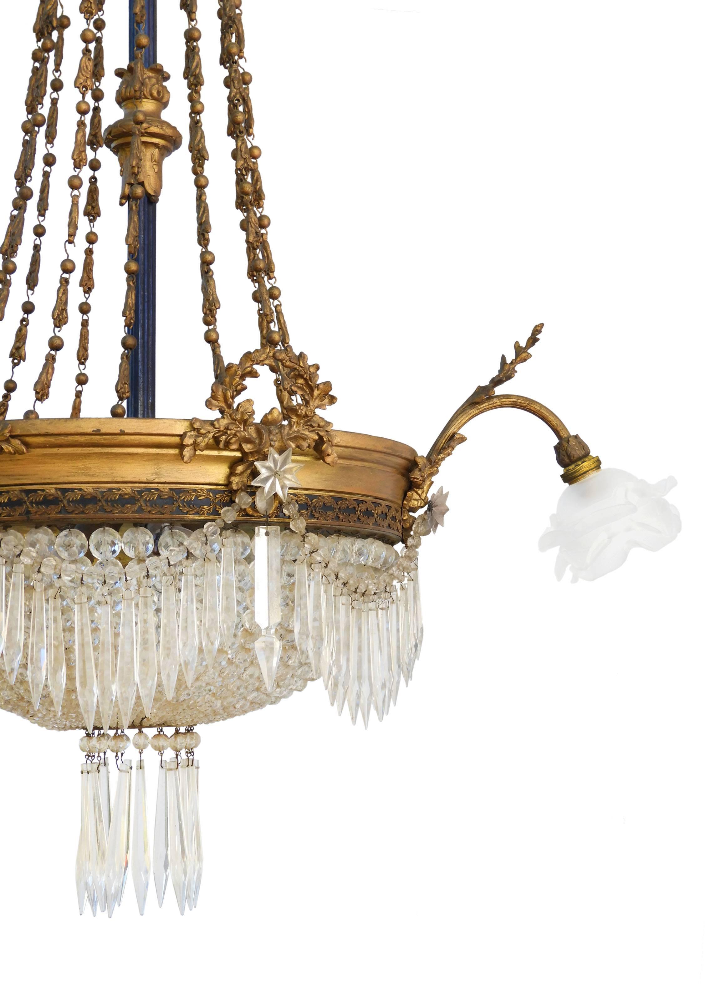 Belle Époque Chandelier French Crystal Gilt Bronze Rose Shades Late 19th Century 1