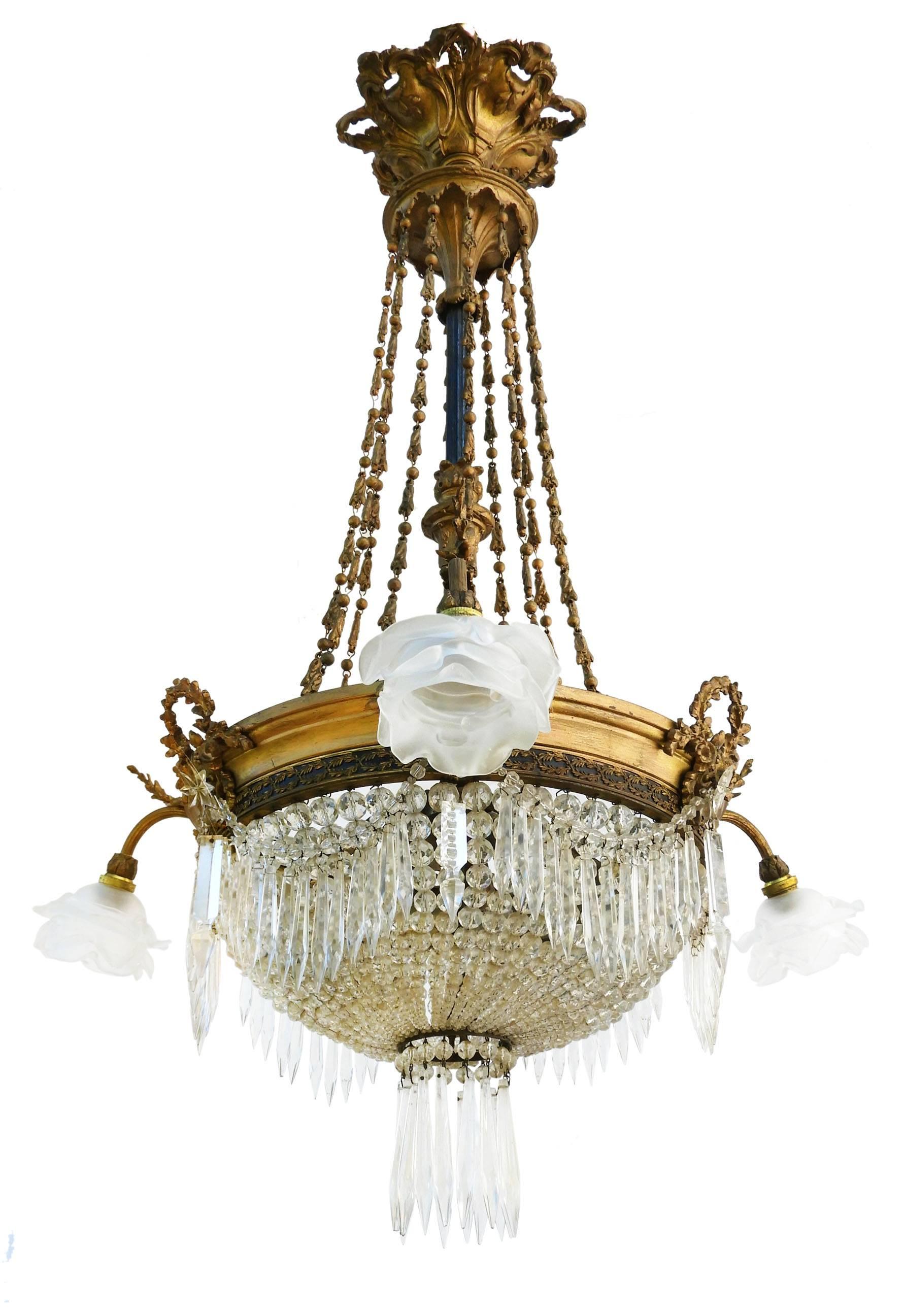 Belle Époque Chandelier French Crystal Gilt Bronze Rose Shades Late 19th Century 2