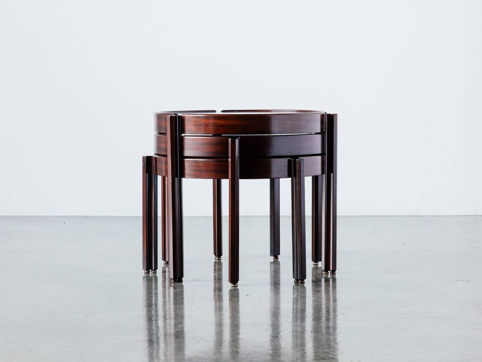 Set of Three Italian Rosewood and Mahogany Stacking Side Tables, Late 1960s In Good Condition In Los Angeles, CA