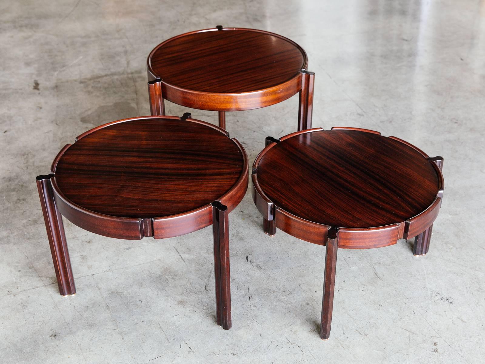 Set of Three Italian Rosewood and Mahogany Stacking Side Tables, Late 1960s 3