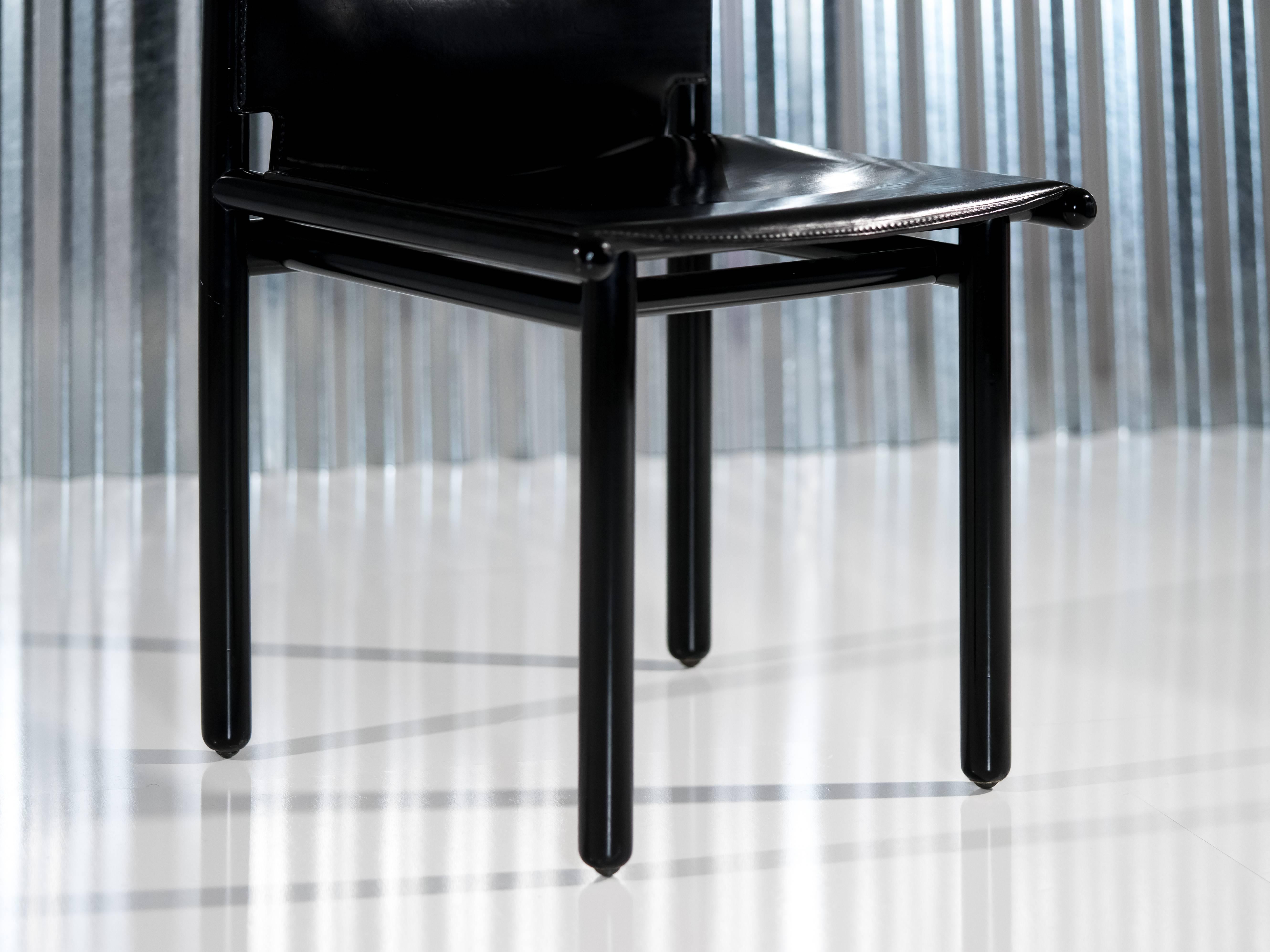 Six Black Lacquer & Leather 'Caprile' Chairs by G.F. Frattini for Cassina, 1985 In Good Condition In Los Angeles, CA