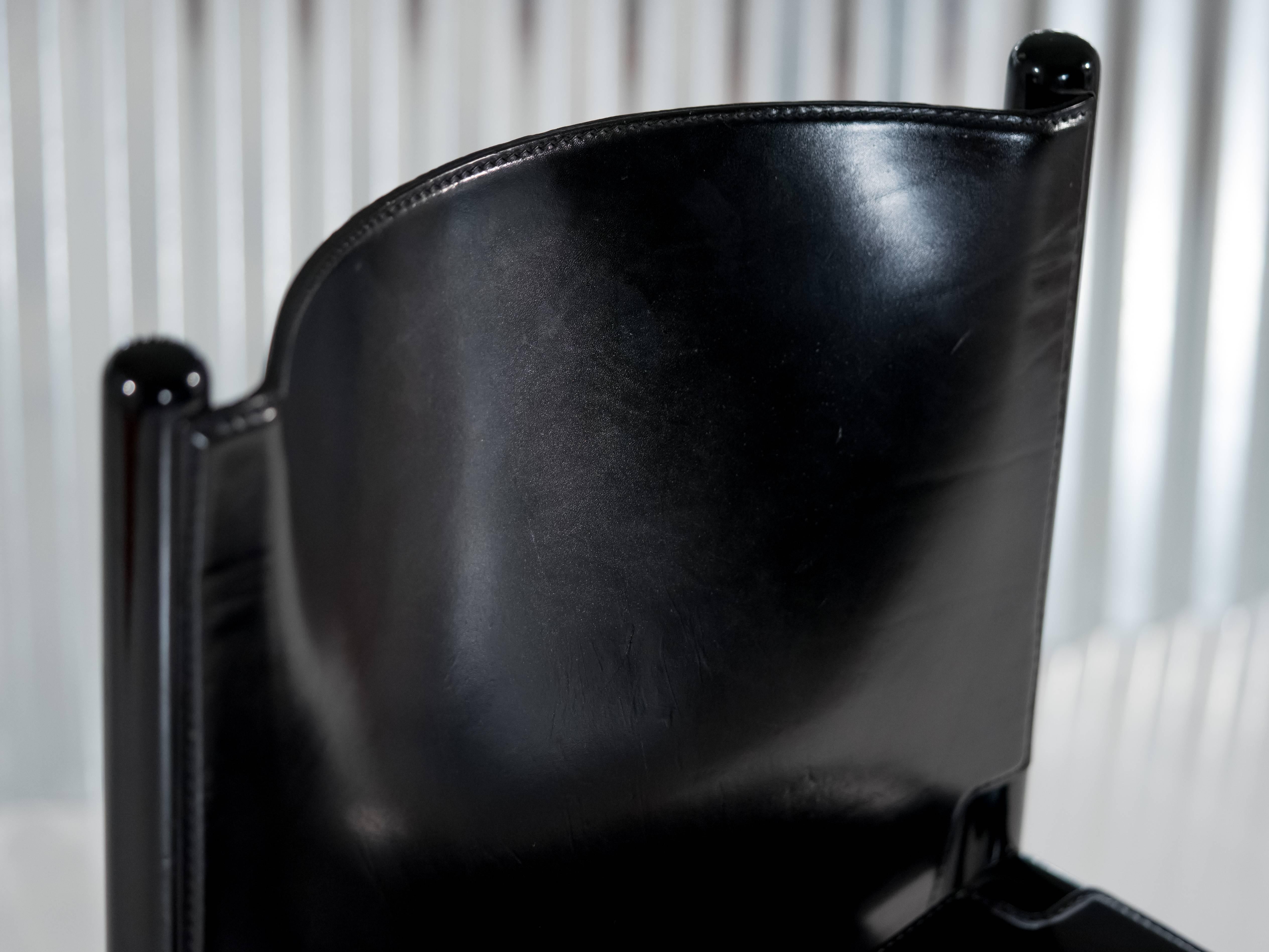Lacquered Six Black Lacquer & Leather 'Caprile' Chairs by G.F. Frattini for Cassina, 1985