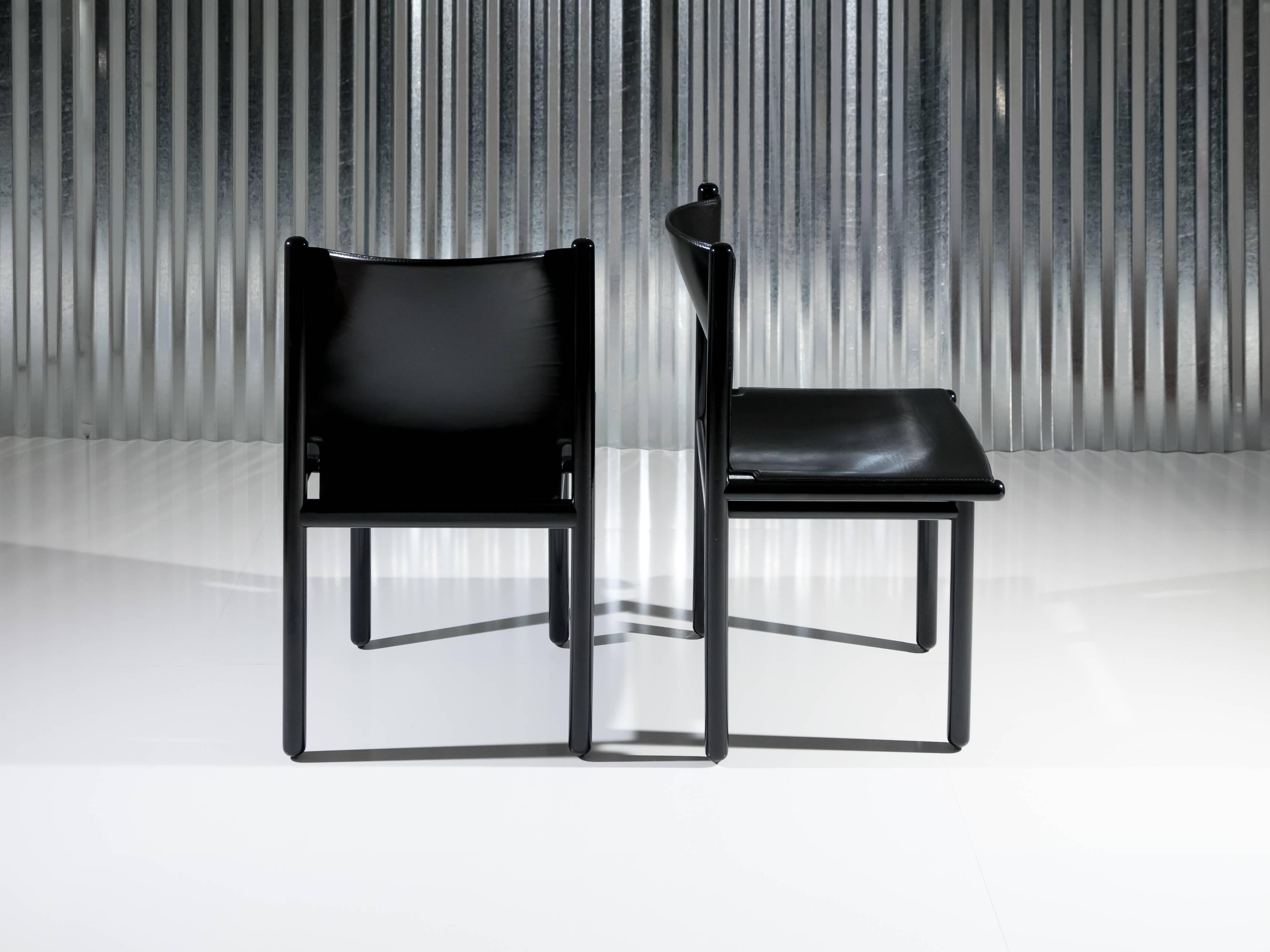 Italian Six Black Lacquer & Leather 'Caprile' Chairs by G.F. Frattini for Cassina, 1985