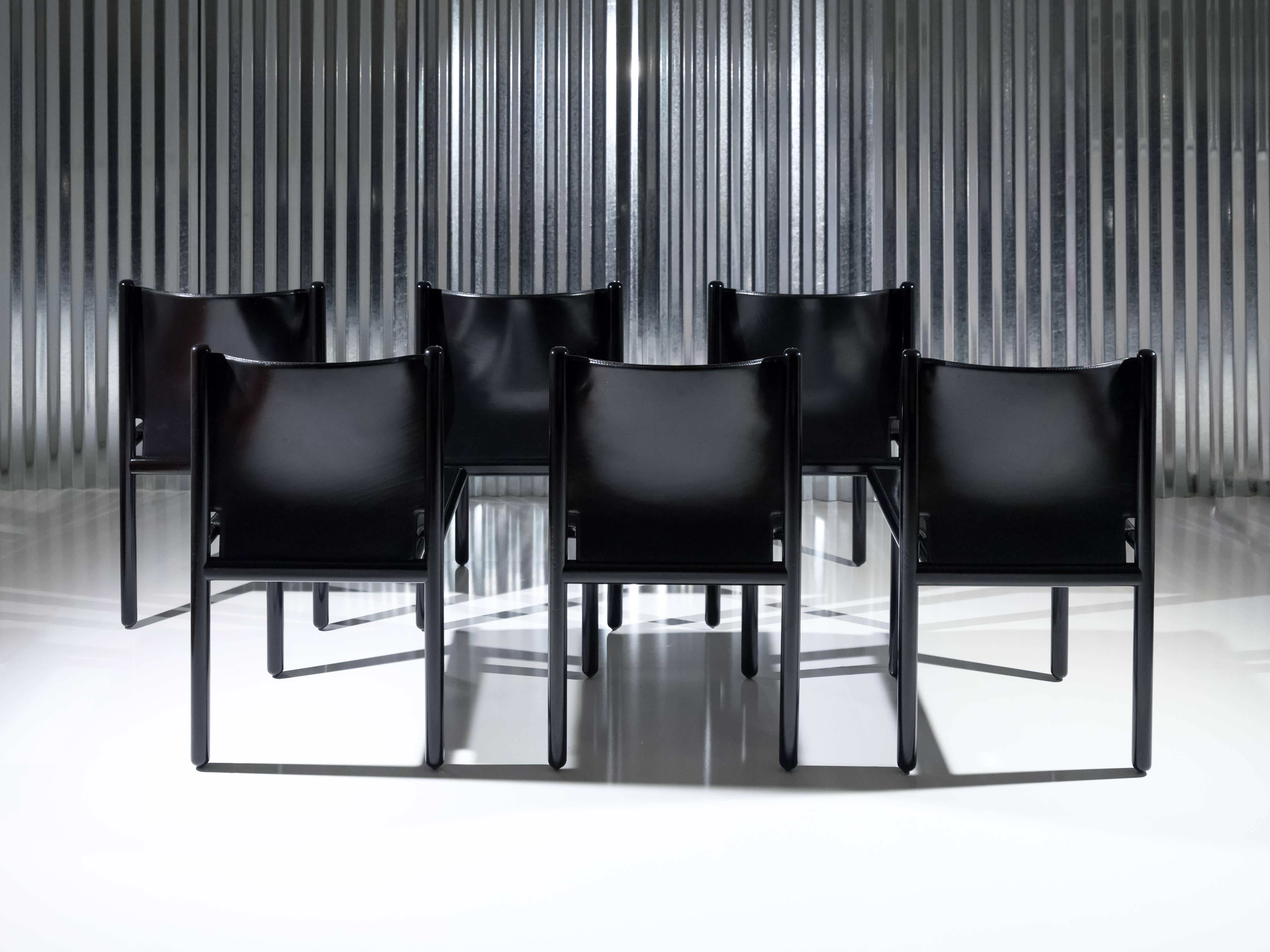 Modern Six Black Lacquer & Leather 'Caprile' Chairs by G.F. Frattini for Cassina, 1985