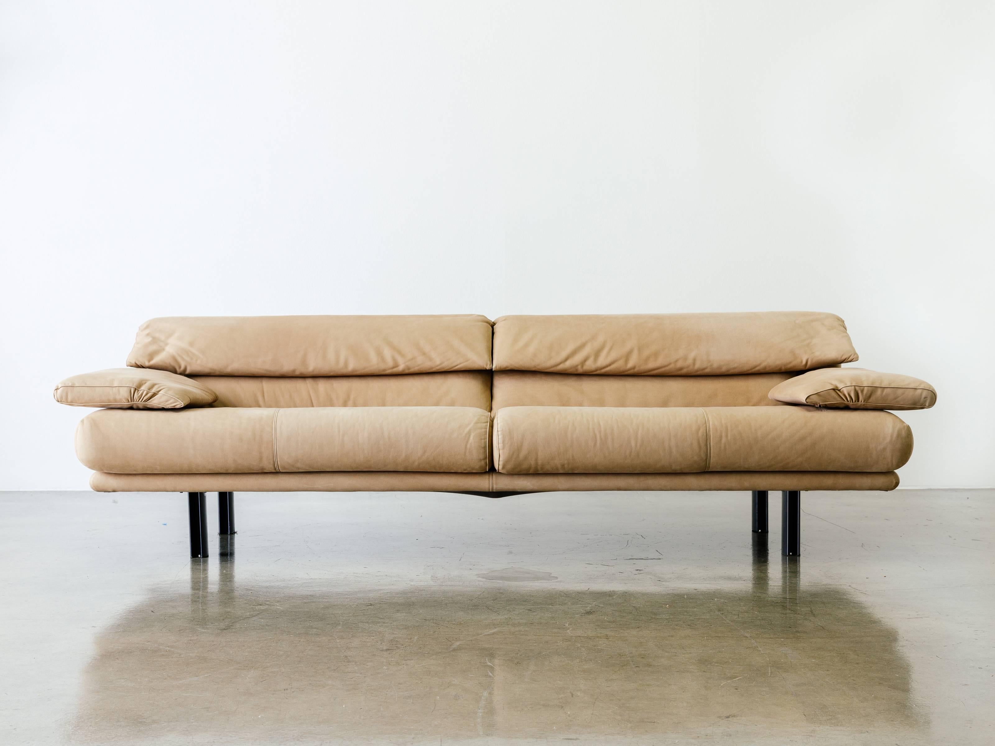 The 'Alanda' sofa designed by Paolo Piva for B&B Italia in 1980. The R&D division of the company developed a patented adjustment mechanism that allows for fluid adjustment and positioning of the moveable backs and arms. Covered in the beautiful