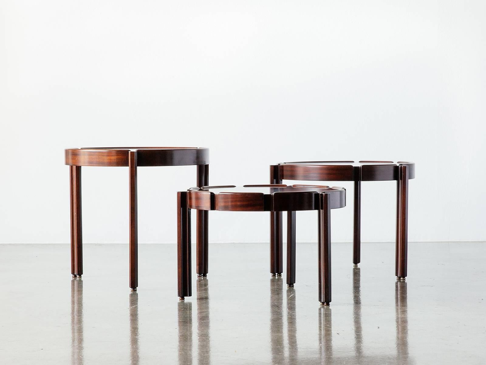 Modern Set of Three Italian Rosewood and Mahogany Stacking Side Tables, Late 1960s