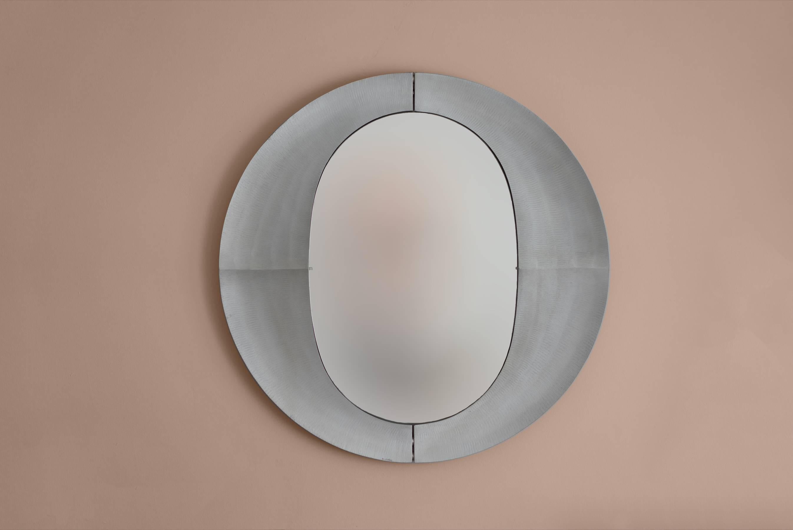 Patinated Large Etched Circular Aluminium Mirror by Lorenzo Burchiellaro, 1970