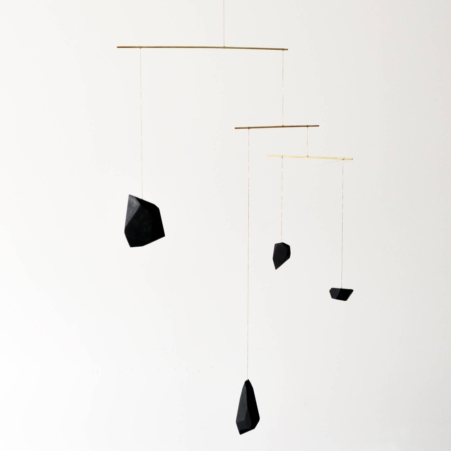 Contemporary Large Mobile from Faceted Walnut Wood Blocks and Brass