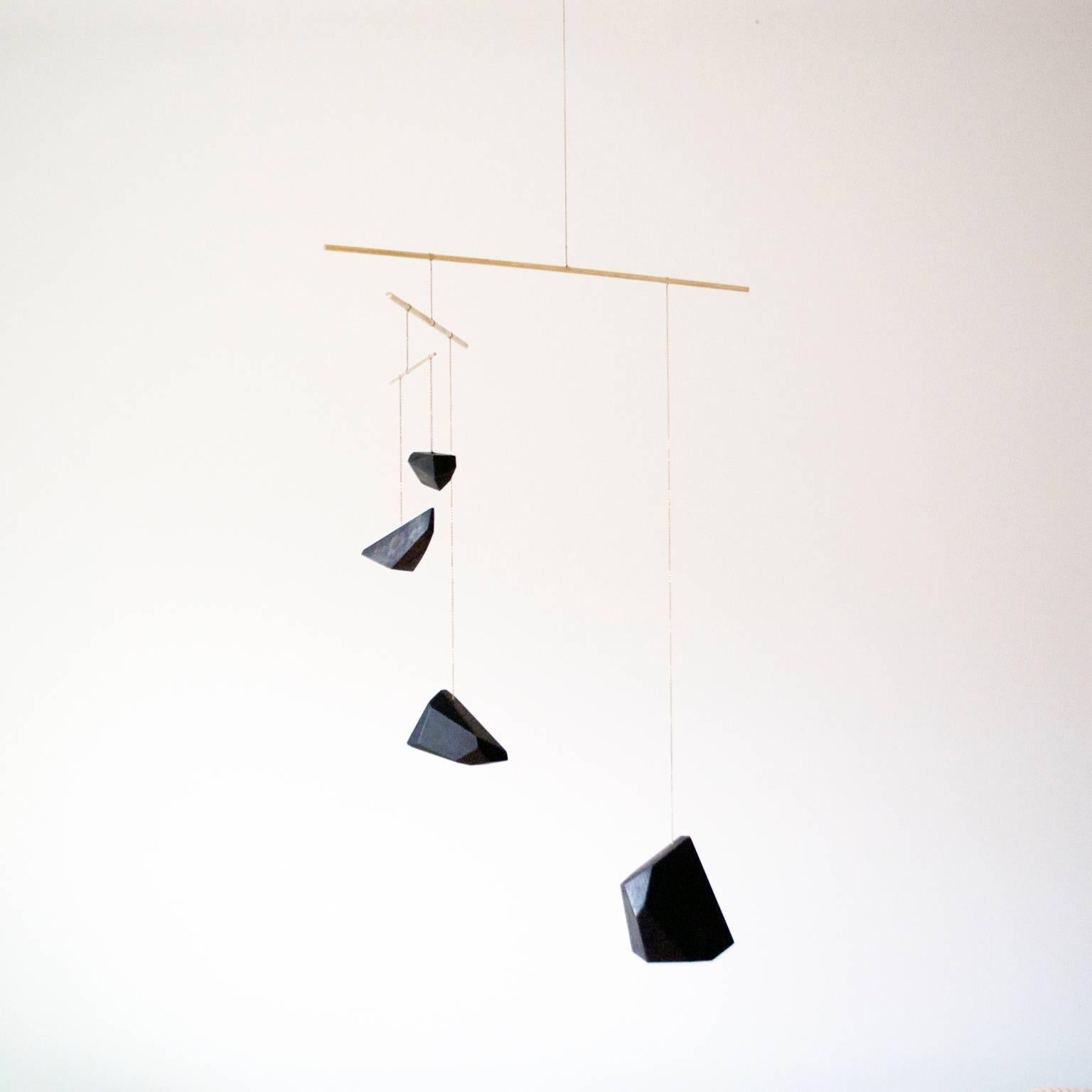 Large Mobile from Faceted Walnut Wood Blocks and Brass In New Condition In Portland, OR
