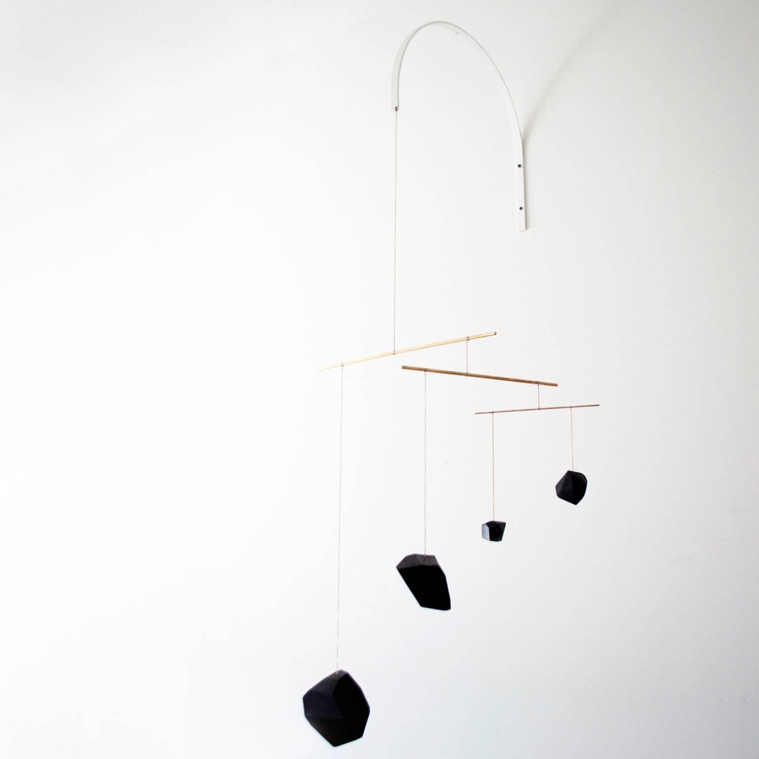 Blackened Large Mobile from Faceted Walnut Wood Blocks and Brass