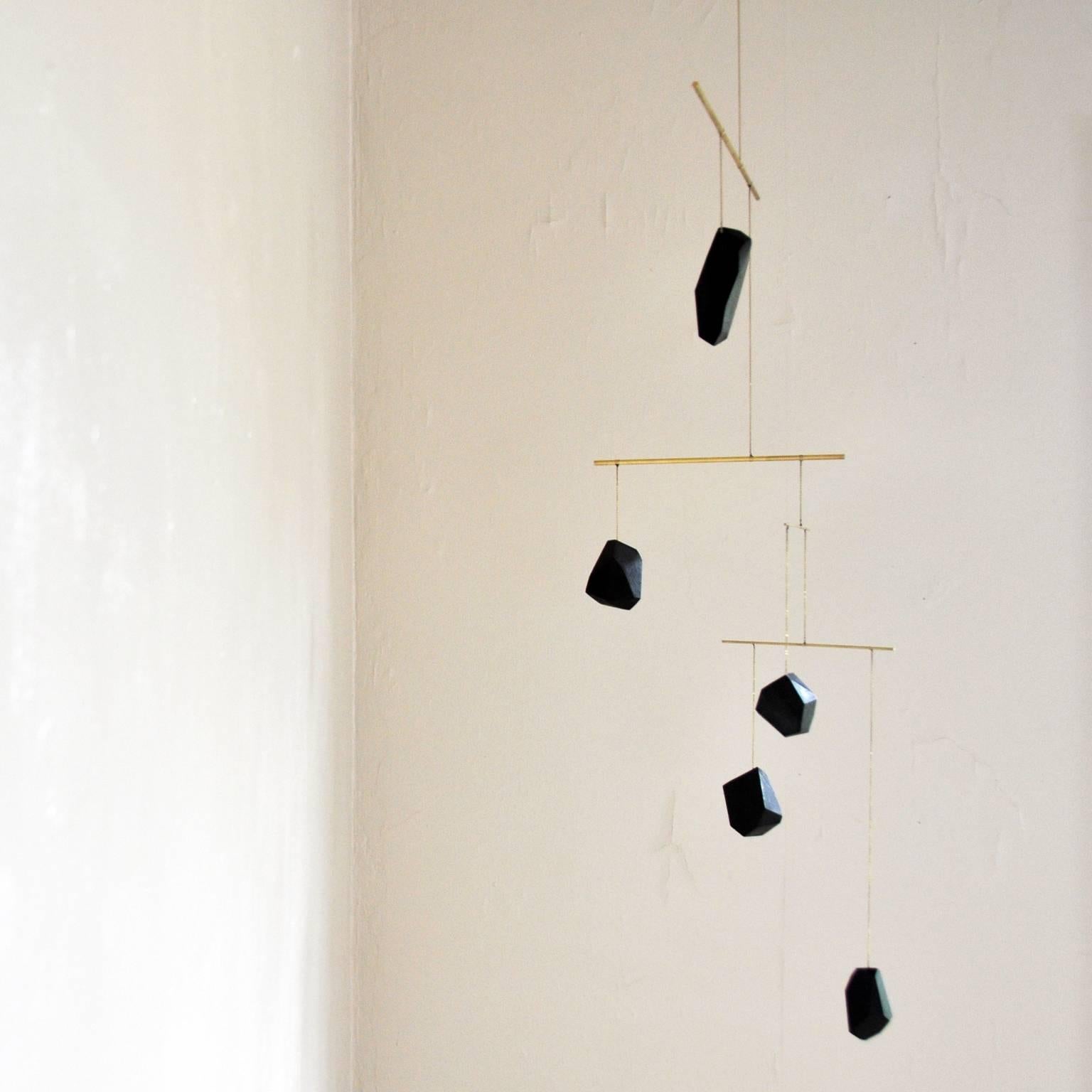 Contemporary Blackened Walnut Wood and Brass Hanging Mobile In New Condition In Portland, OR