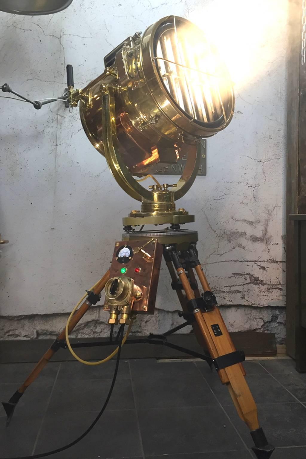 Japanese 20th Century Copper & Brass Signalling Floor Lamp and Military Gyroscope Tripod