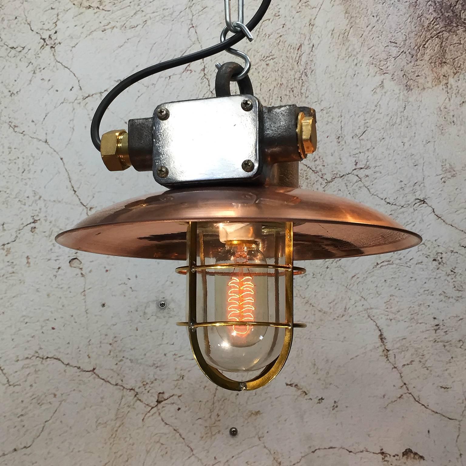 Industrial Mid-Century Iron & Copper Explosion Proof Pendant with Glass Dome & Edison Bulb