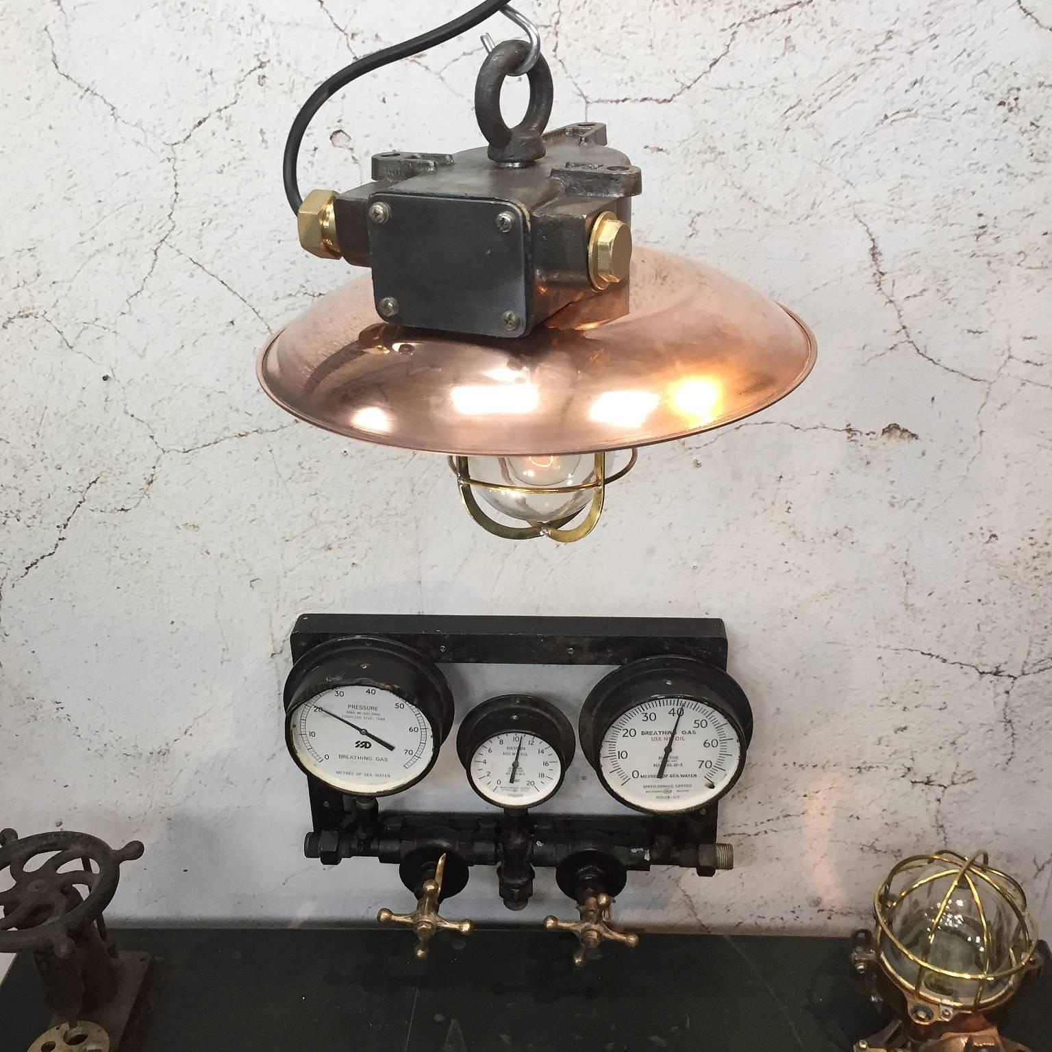 Japanese Mid-Century Iron & Copper Explosion Proof Pendant with Glass Dome & Edison Bulb