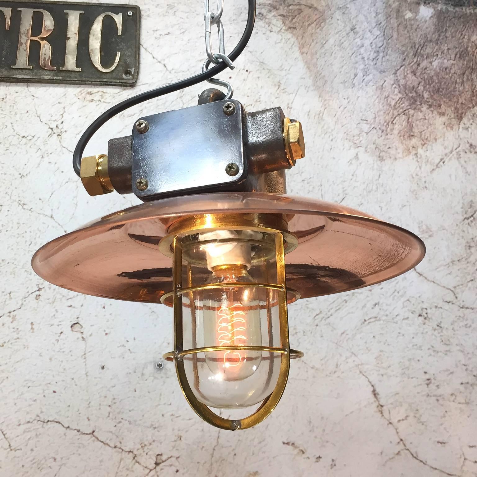 Cast Mid-Century Iron & Copper Explosion Proof Pendant with Glass Dome & Edison Bulb