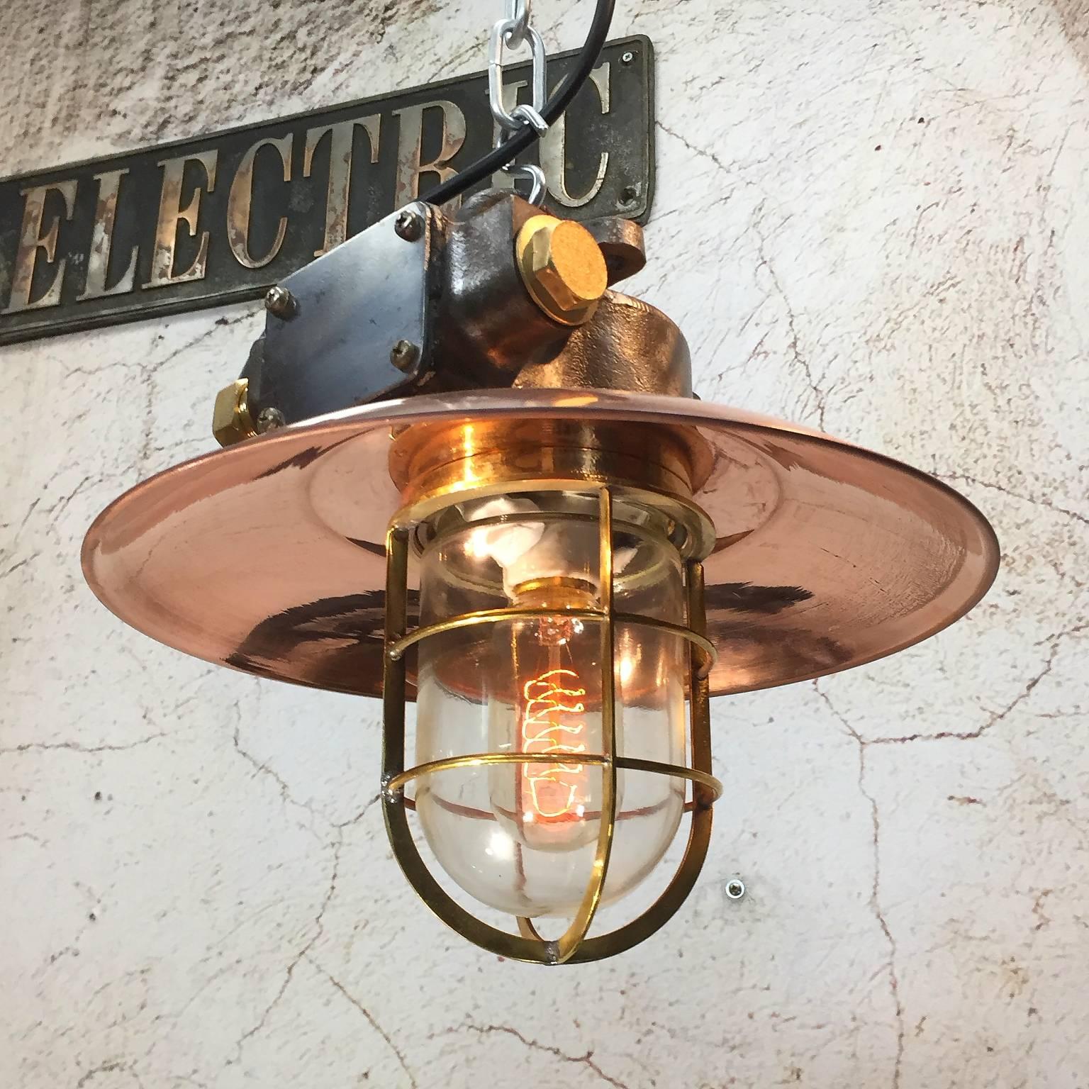 Mid-Century Iron & Copper Explosion Proof Pendant with Glass Dome & Edison Bulb In Excellent Condition In Leicester, Leicestershire