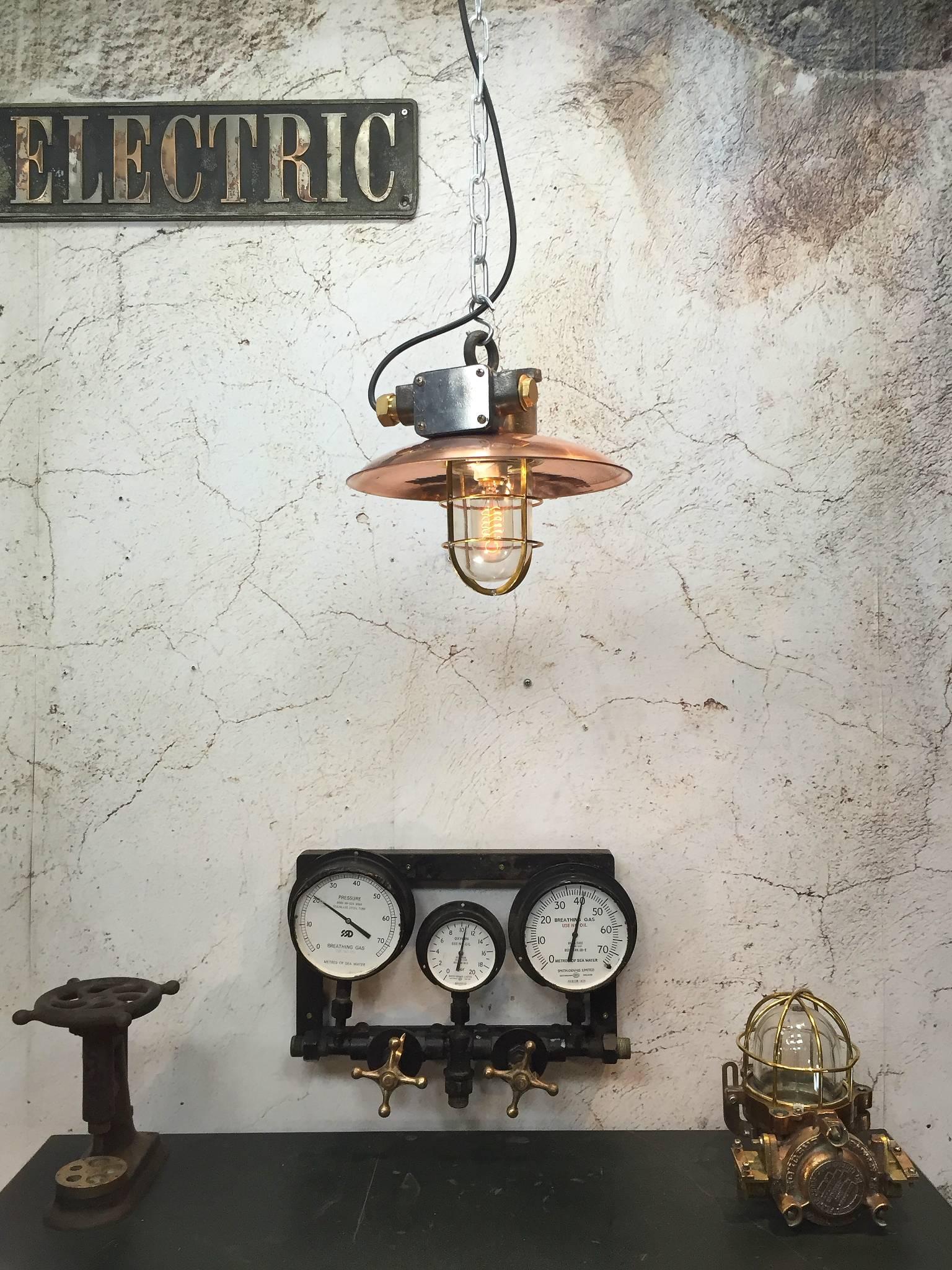 19th Century Mid-Century Iron & Copper Explosion Proof Pendant with Glass Dome & Edison Bulb