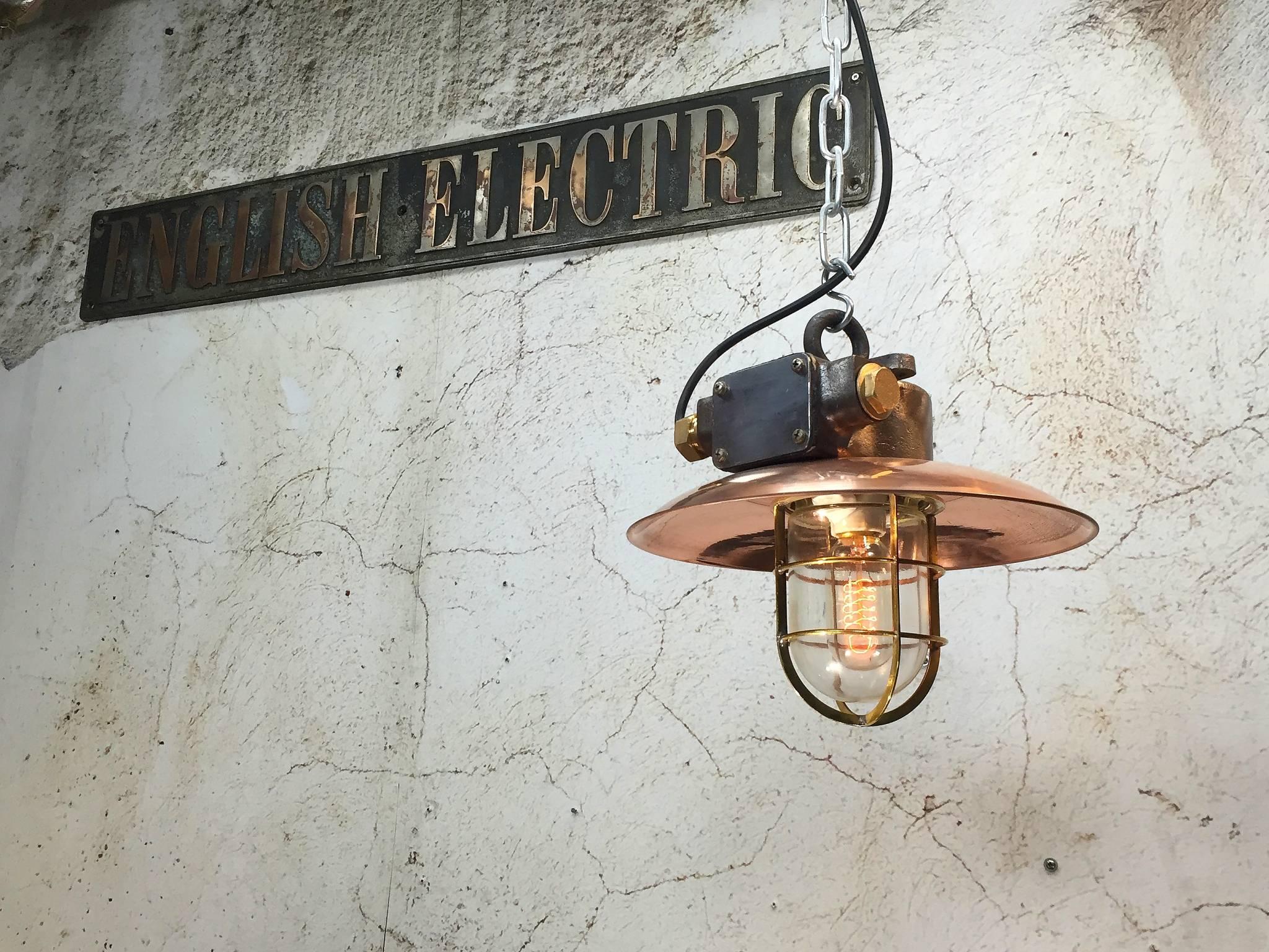 Brass Mid-Century Iron & Copper Explosion Proof Pendant with Glass Dome & Edison Bulb