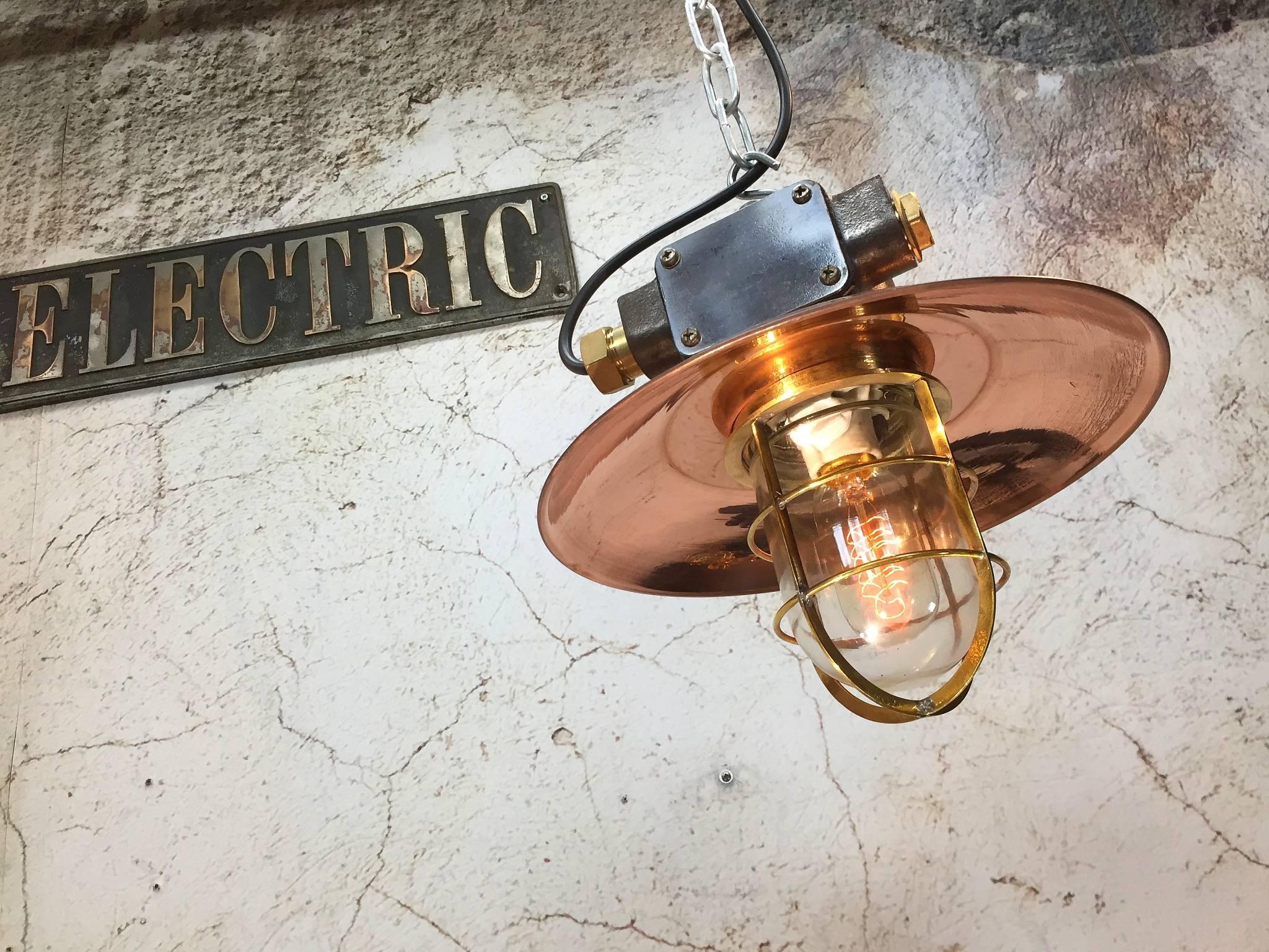 Mid-Century Iron & Copper Explosion Proof Pendant with Glass Dome & Edison Bulb 1