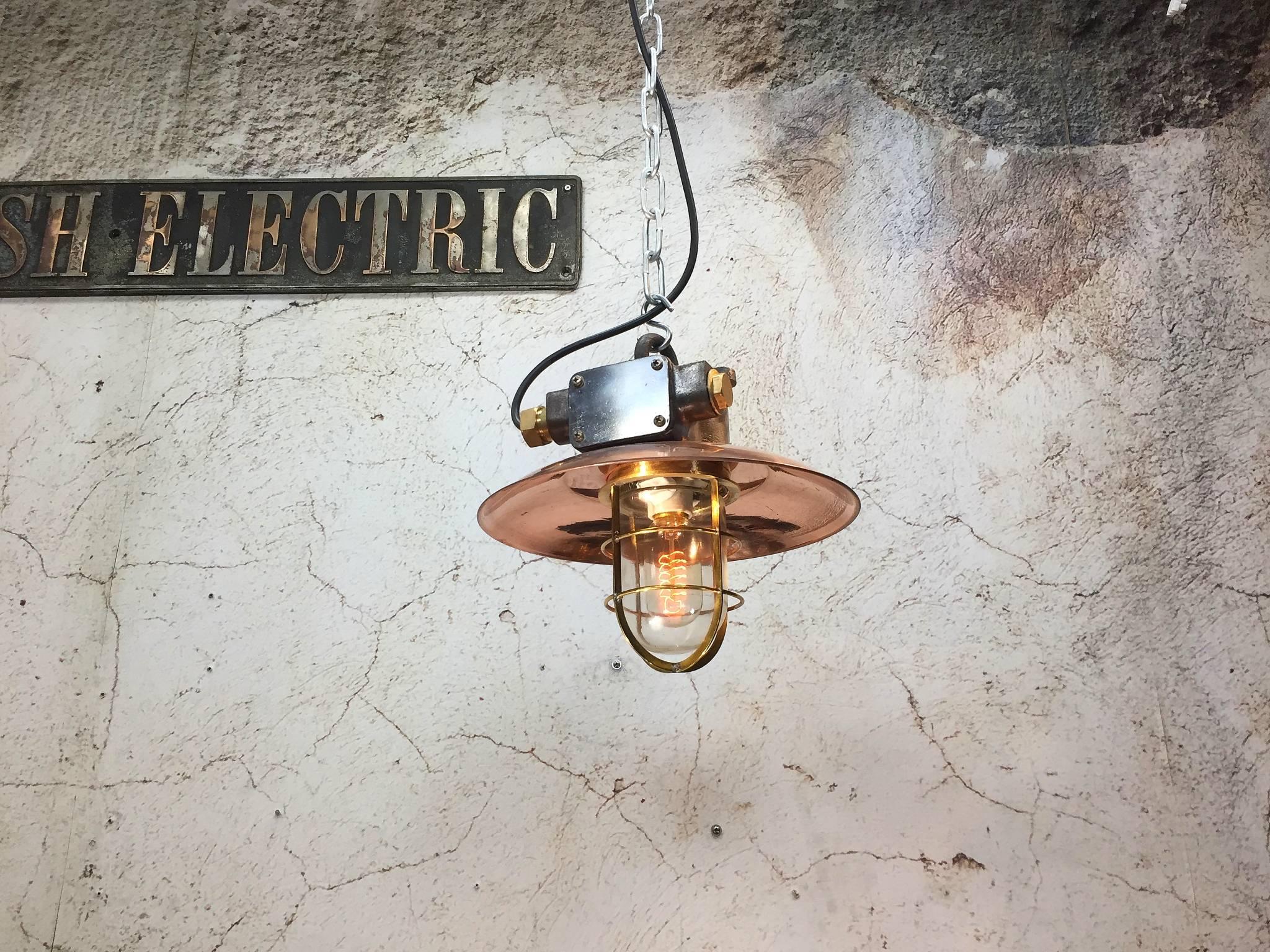 Mid-Century Iron & Copper Explosion Proof Pendant with Glass Dome & Edison Bulb 2